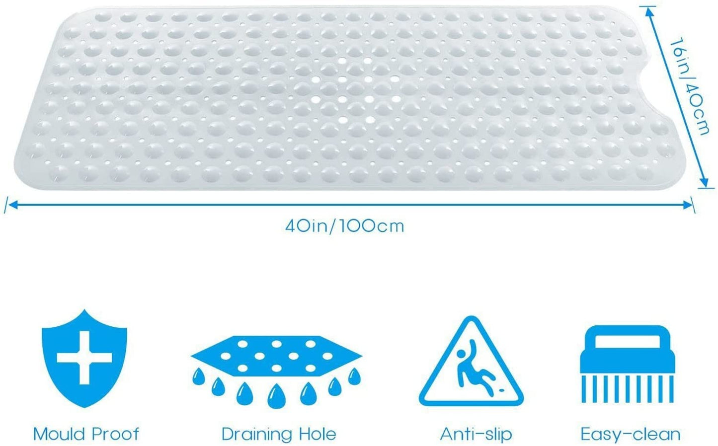 SKY-TOUCH Non-Slip Bathtub & Shower Mat, Extra Large with Suction Cups, Drain Holes, Machine Washable, Clear