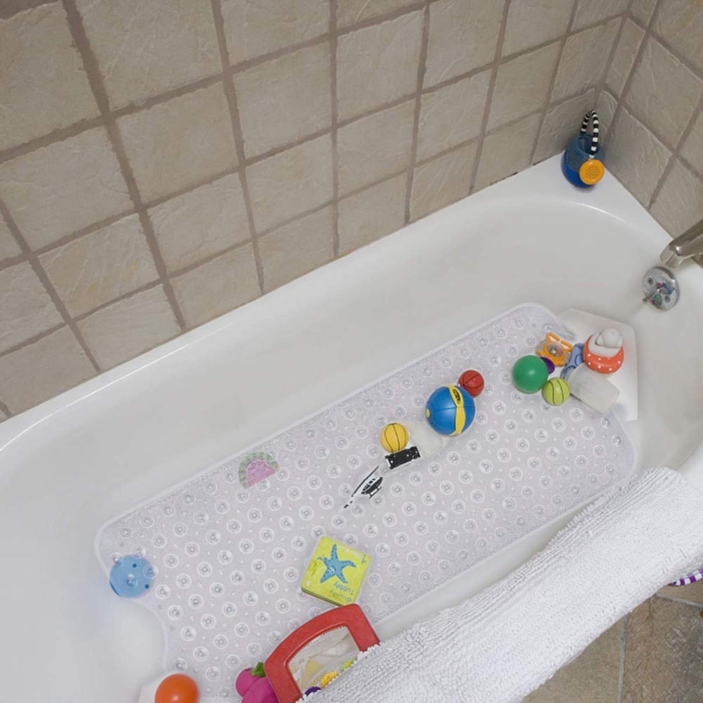 SKY-TOUCH Non-Slip Bathtub & Shower Mat, Extra Large with Suction Cups, Drain Holes, Machine Washable, Clear