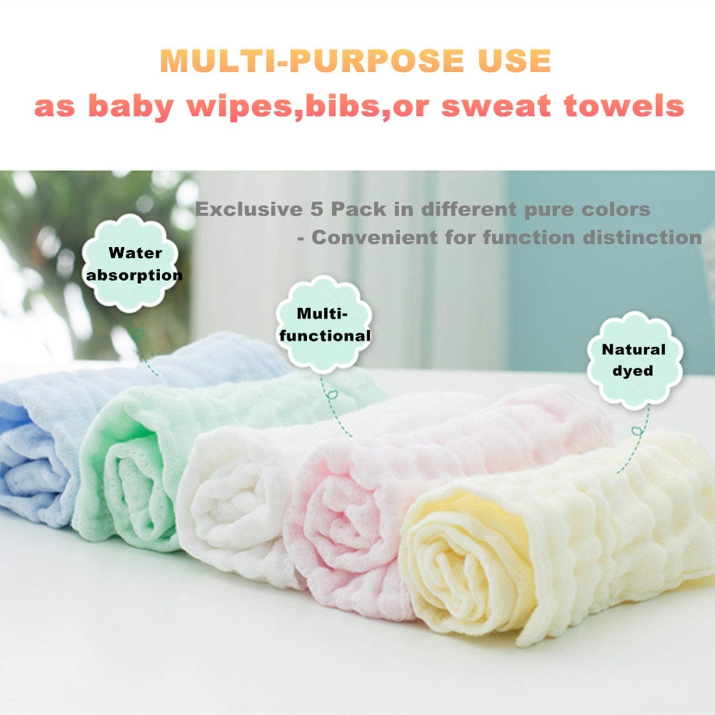SKY-TOUCH 5pcs Muslin Baby Washcloths and Towels, Natural Organic Cotton Baby Washcloths, Soft Newborn Baby Towel and Muslin Washcloth for Sensitive Skin