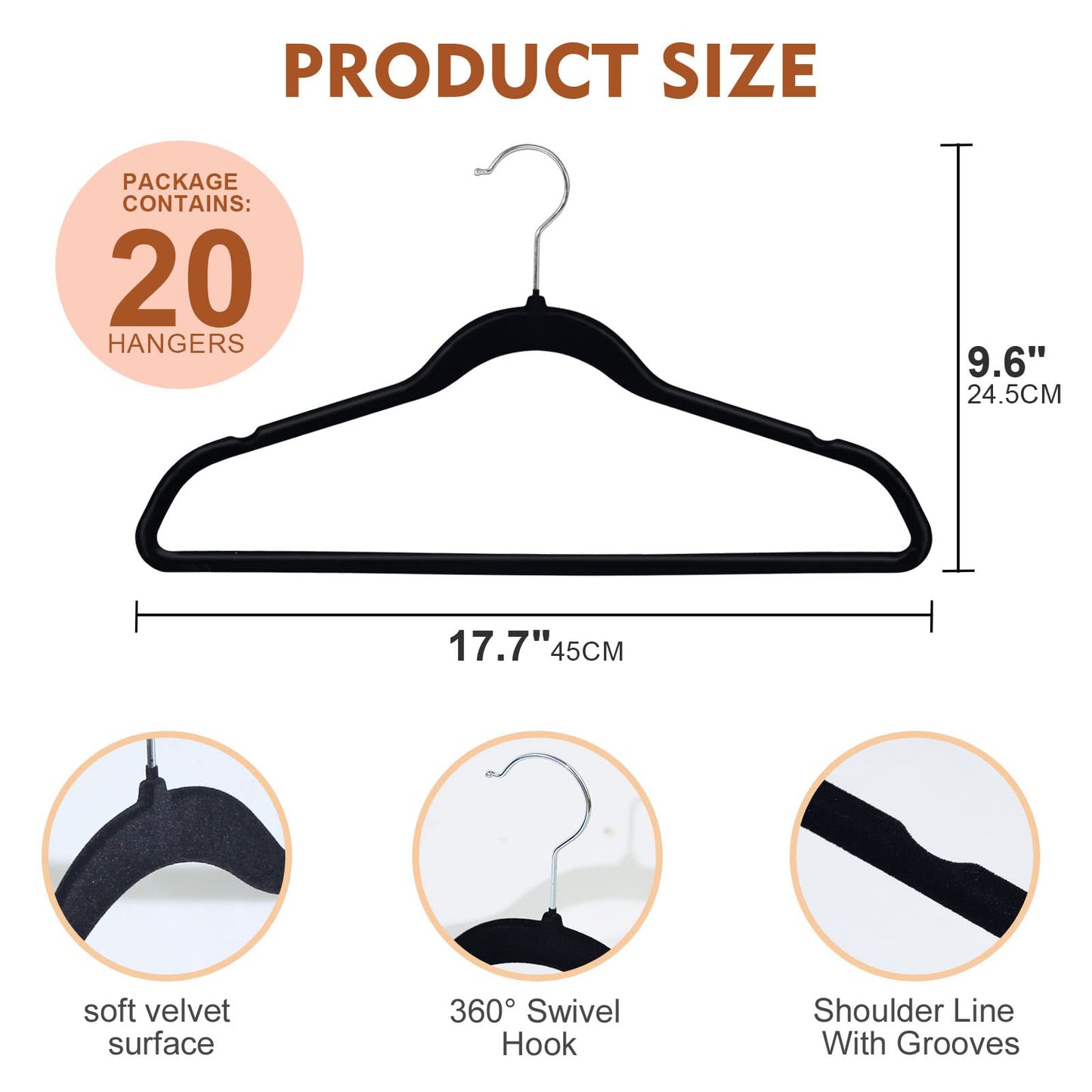 SKY-TOUCH Velvet Hangers 20 Pack - Non-Slip Premium Hangers for Clothes, Felt heavy Duty Coat Hangers with 360° Swivel Hooks for Suits, Jackets, Trousers, Jeans,Black