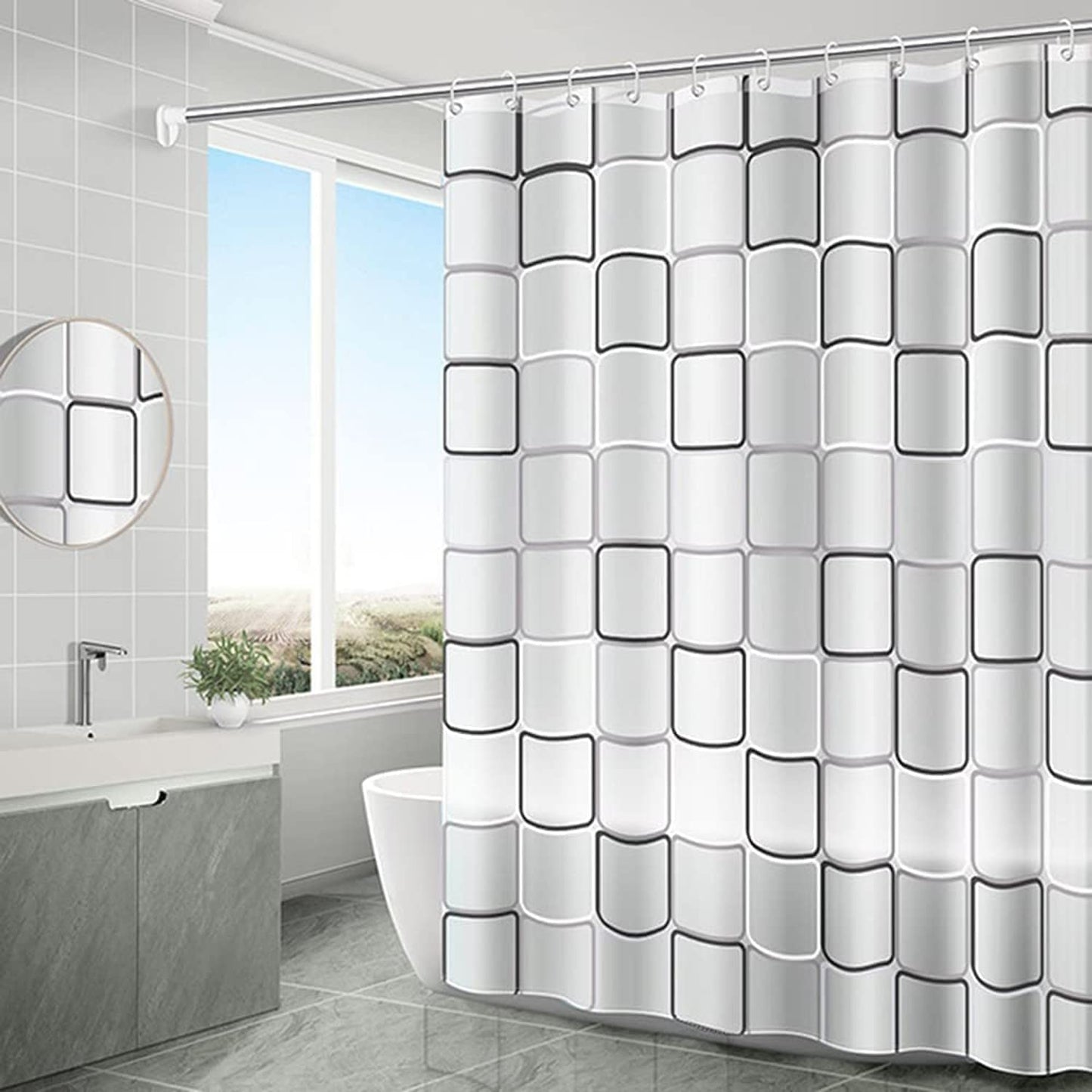SKY-TOUCH Transparent Shower Curtain, 180x200cm, Square Print Design, Eco-Friendly Waterproof, Heavy-Duty with Anti-Mold Protection for Bathroom and Bathtub