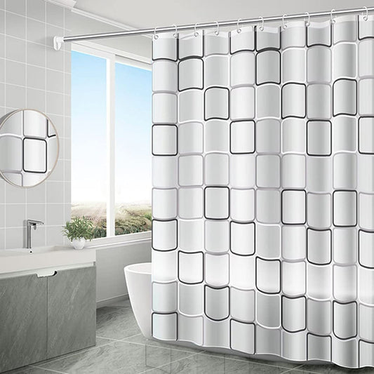 SKY-TOUCH Transparent Shower Curtain, 180x200cm, Square Print Design, Eco-Friendly Waterproof, Heavy-Duty with Anti-Mold Protection for Bathroom and Bathtub