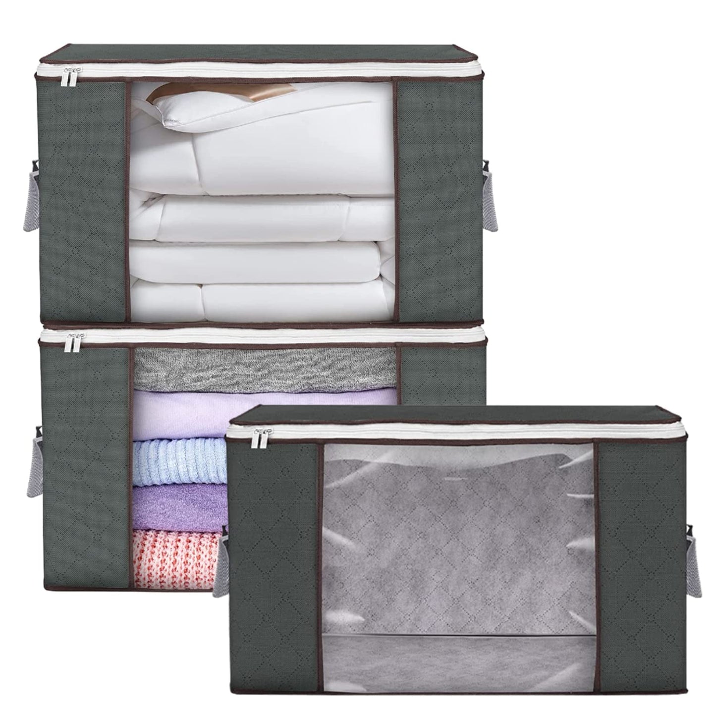 SKY-TOUCH 3 Pack Large Capacity Storage Bags, 90L Foldable Clothing Storage Bags Organizer with Reinforced Handle Thick Fabric for Comforters, Clothes, Blankets, Bedding,60x40 cm,Dark Grey