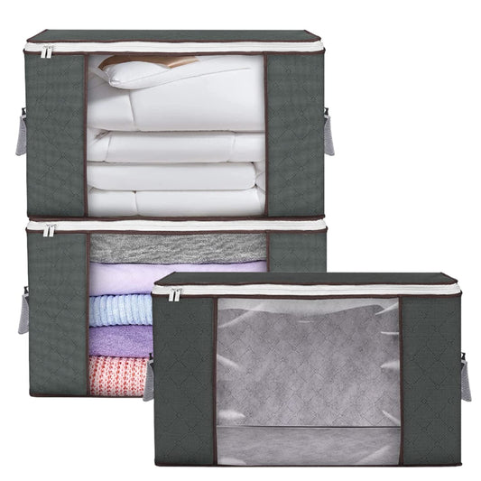 SKY-TOUCH 3 Pack Large Capacity Storage Bags, 90L Foldable Clothing Storage Bags Organizer with Reinforced Handle Thick Fabric for Comforters, Clothes, Blankets, Bedding,60x40 cm,Dark Grey