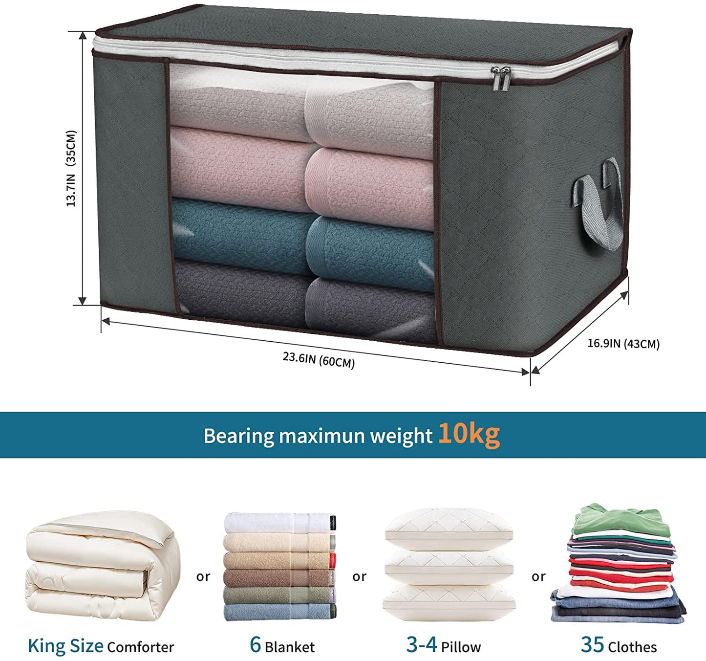 SKY-TOUCH 3 Pack Large Capacity Storage Bags, 90L Foldable Clothing Storage Bags Organizer with Reinforced Handle Thick Fabric for Comforters, Clothes, Blankets, Bedding,60x40 cm,Dark Grey