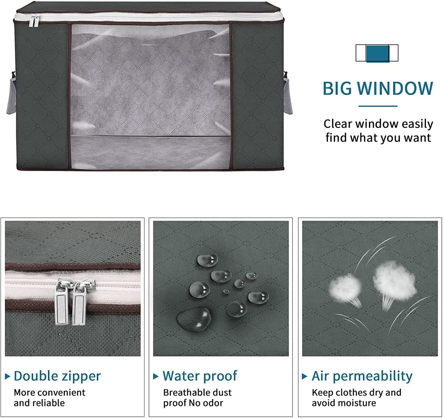 SKY-TOUCH 3 Pack Large Capacity Storage Bags, 90L Foldable Clothing Storage Bags Organizer with Reinforced Handle Thick Fabric for Comforters, Clothes, Blankets, Bedding,60x40 cm,Dark Grey