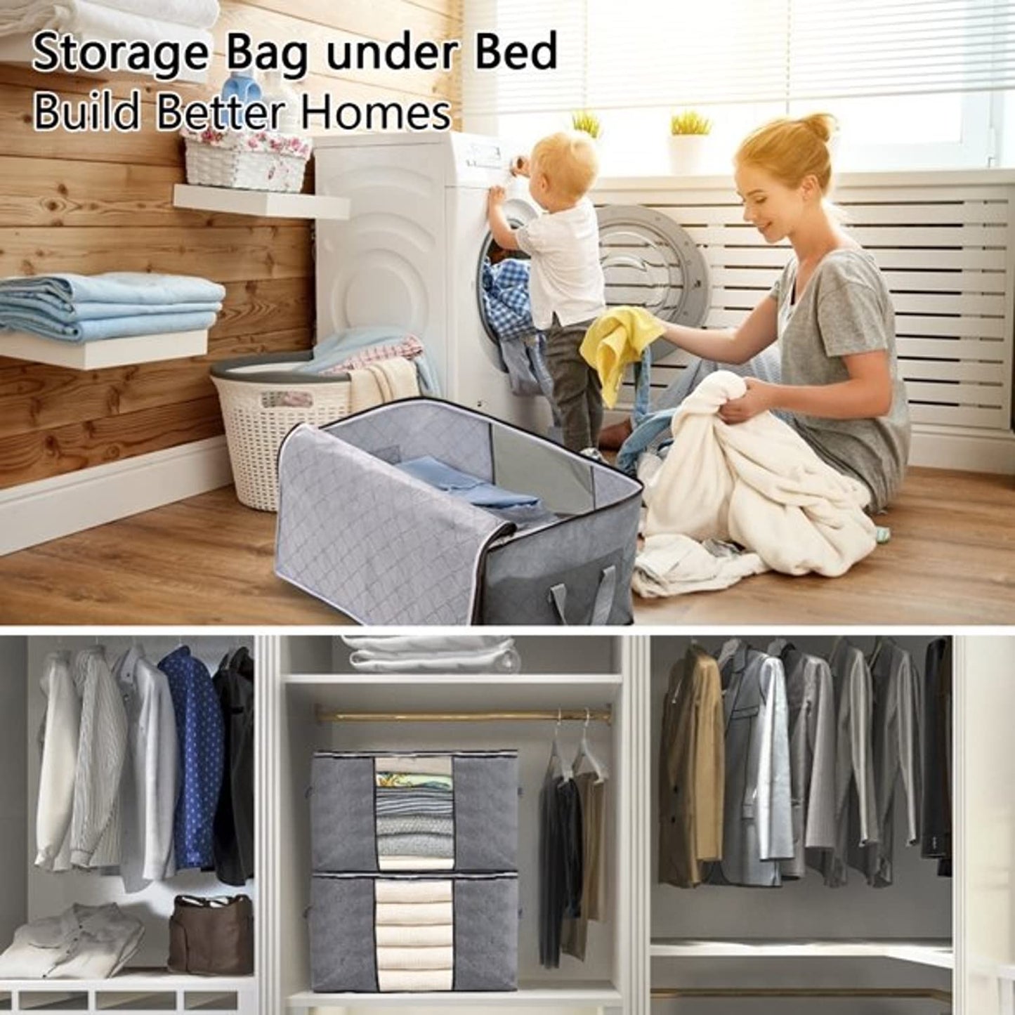 SKY-TOUCH 3 Pack Large Capacity Storage Bags, 90L Foldable Clothing Storage Bags Organizer with Reinforced Handle Thick Fabric for Comforters, Clothes, Blankets, Bedding,60x40 cm,Dark Grey