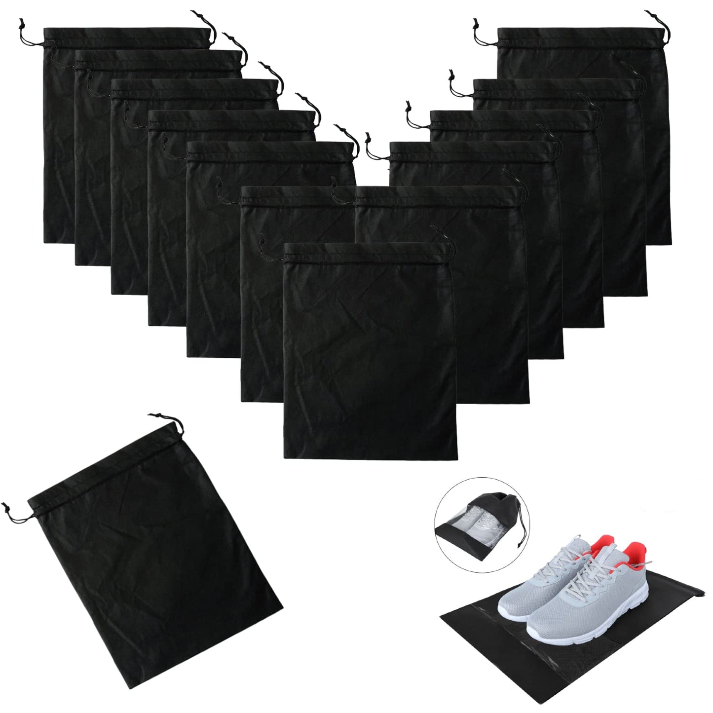 SKY-TOUCH 12 Pieces Waterproof Shoe Storage Bags, Non-Woven Fabric with Drawstring and Transparent Window for Travel, Gym and Sports Shoe Storage Bag Organizer for Men and Women,Black