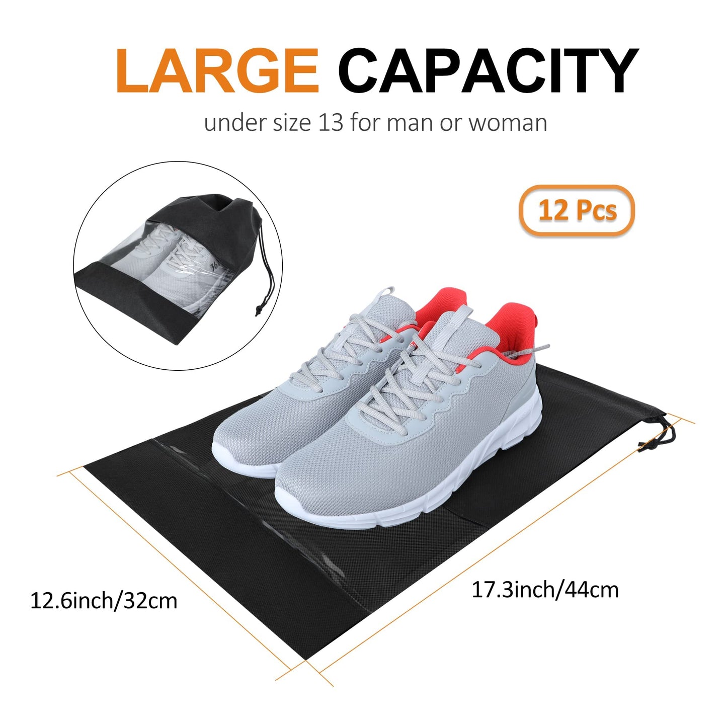 SKY-TOUCH 12 Pieces Waterproof Shoe Storage Bags, Non-Woven Fabric with Drawstring and Transparent Window for Travel, Gym and Sports Shoe Storage Bag Organizer for Men and Women,Black