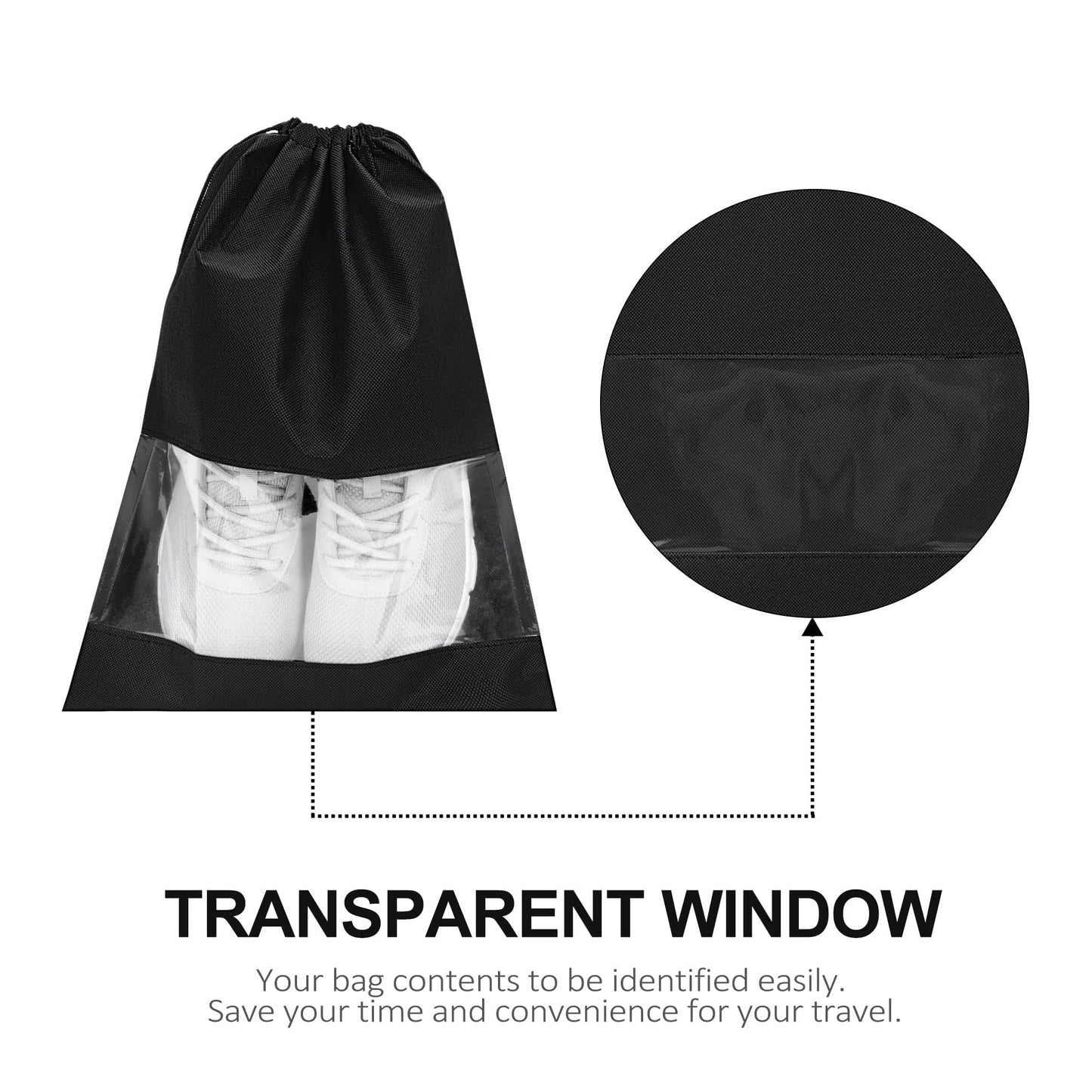 SKY-TOUCH 12 Pieces Waterproof Shoe Storage Bags, Non-Woven Fabric with Drawstring and Transparent Window for Travel, Gym and Sports Shoe Storage Bag Organizer for Men and Women,Black