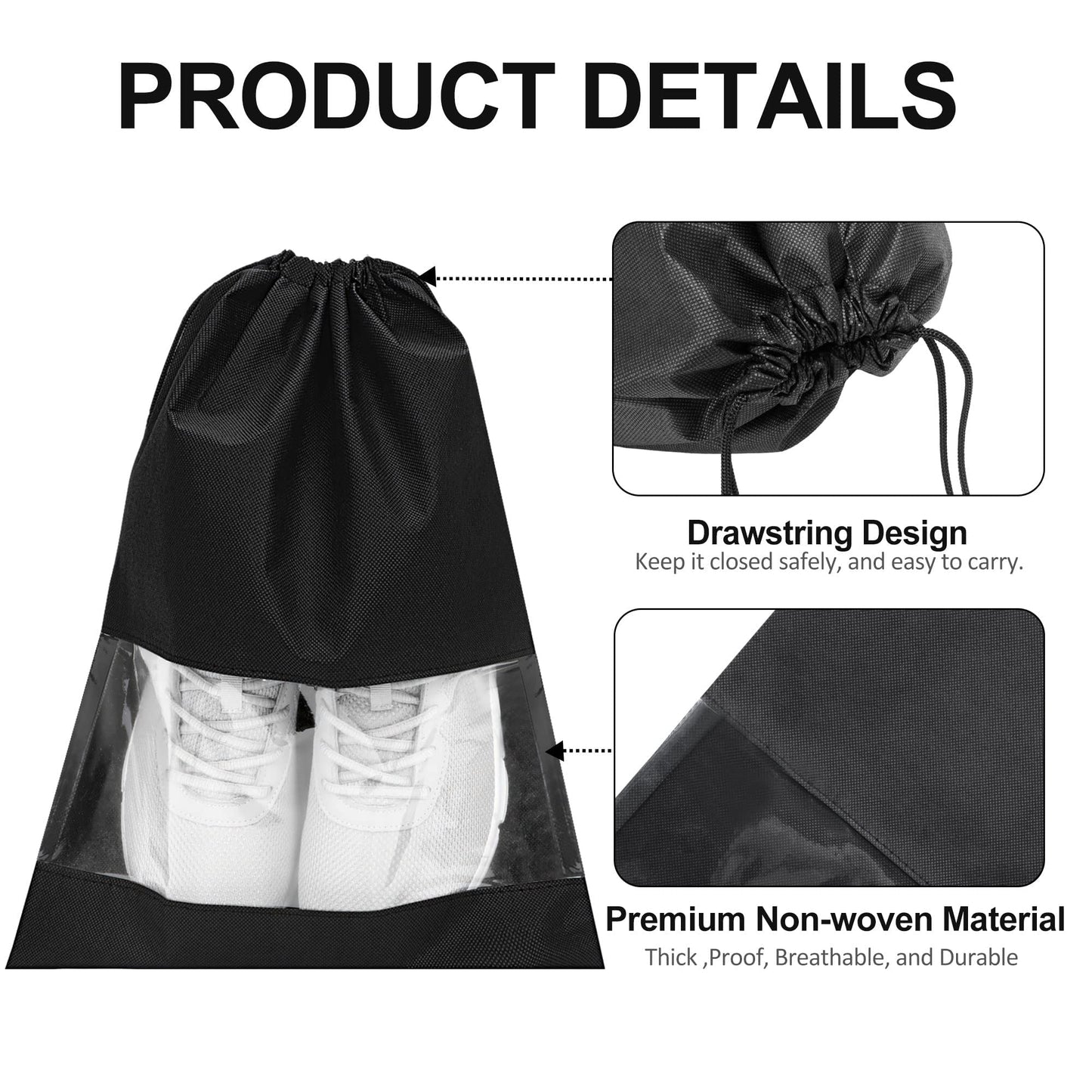 SKY-TOUCH 12 Pieces Waterproof Shoe Storage Bags, Non-Woven Fabric with Drawstring and Transparent Window for Travel, Gym and Sports Shoe Storage Bag Organizer for Men and Women,Black