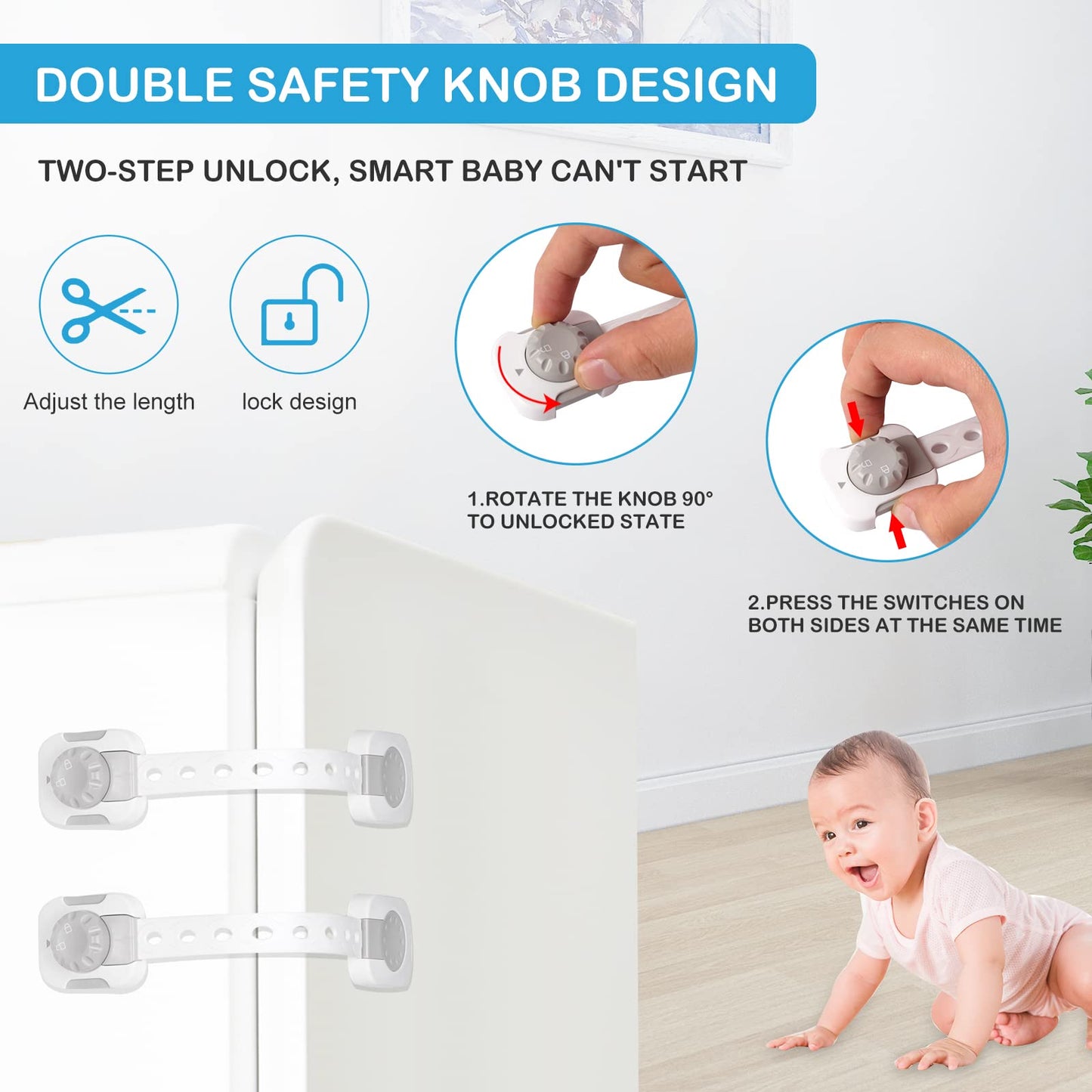SKY-TOUCH Child Safety Strap Locks, Baby Safety Locks, Multi-Functional Adjustable Double Button Baby Anti-Clip Latch System for Drawers, Fridge, Closet Doors Etc, Easy Installation (Pack Of 6)