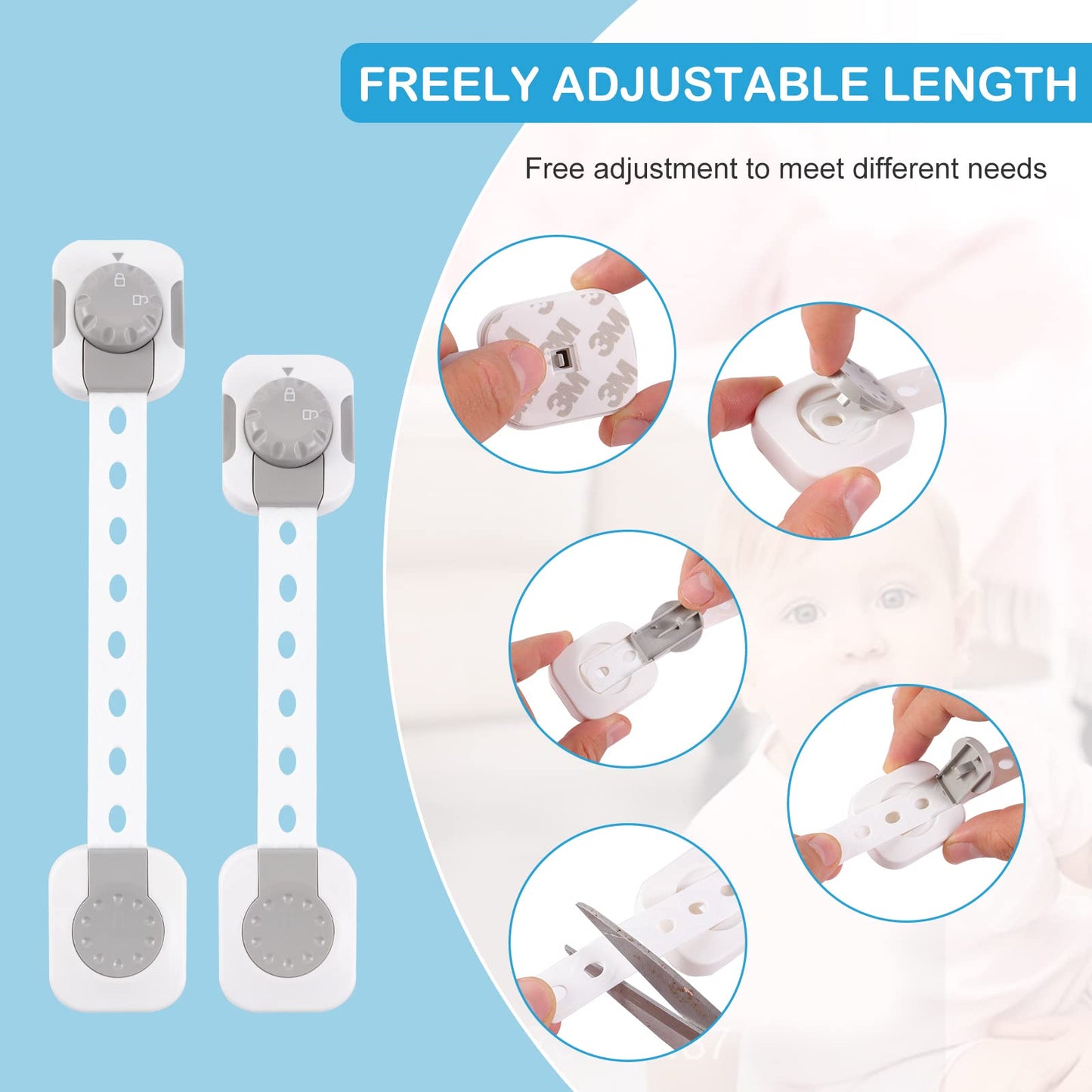 SKY-TOUCH Child Safety Strap Locks, Baby Safety Locks, Multi-Functional Adjustable Double Button Baby Anti-Clip Latch System for Drawers, Fridge, Closet Doors Etc, Easy Installation (Pack Of 6)