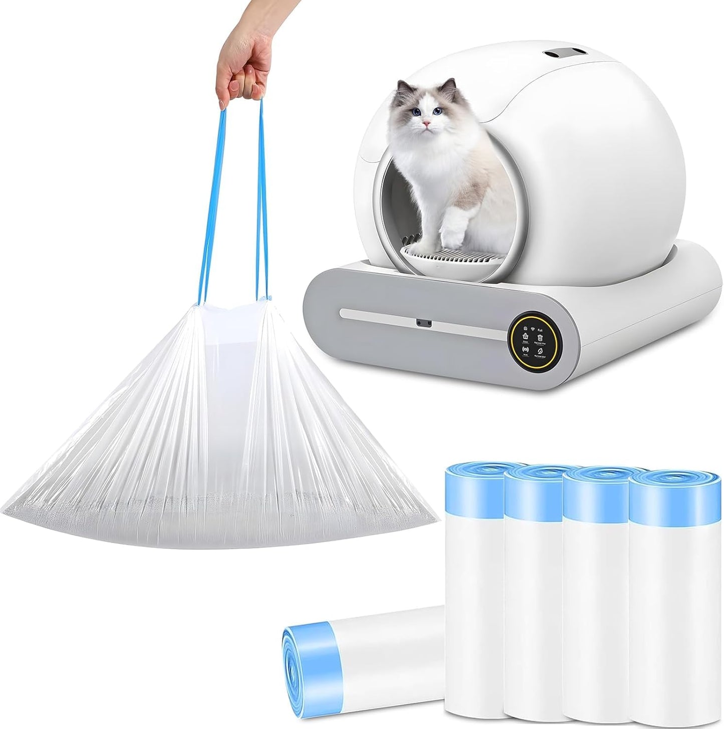 SKY-TOUCH 60 Count Self-cleaning Cat Litter Box Waste Bags, Extra-Thick Cat Waste Bags for Self-Cleaning Cat Litter Box, Drawstring Cat Litter Box Liners, 45x50cm, 4 Rolls