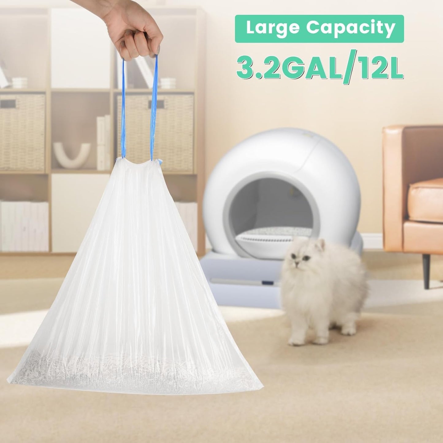 SKY-TOUCH 60 Count Self-cleaning Cat Litter Box Waste Bags, Extra-Thick Cat Waste Bags for Self-Cleaning Cat Litter Box, Drawstring Cat Litter Box Liners, 45x50cm, 4 Rolls