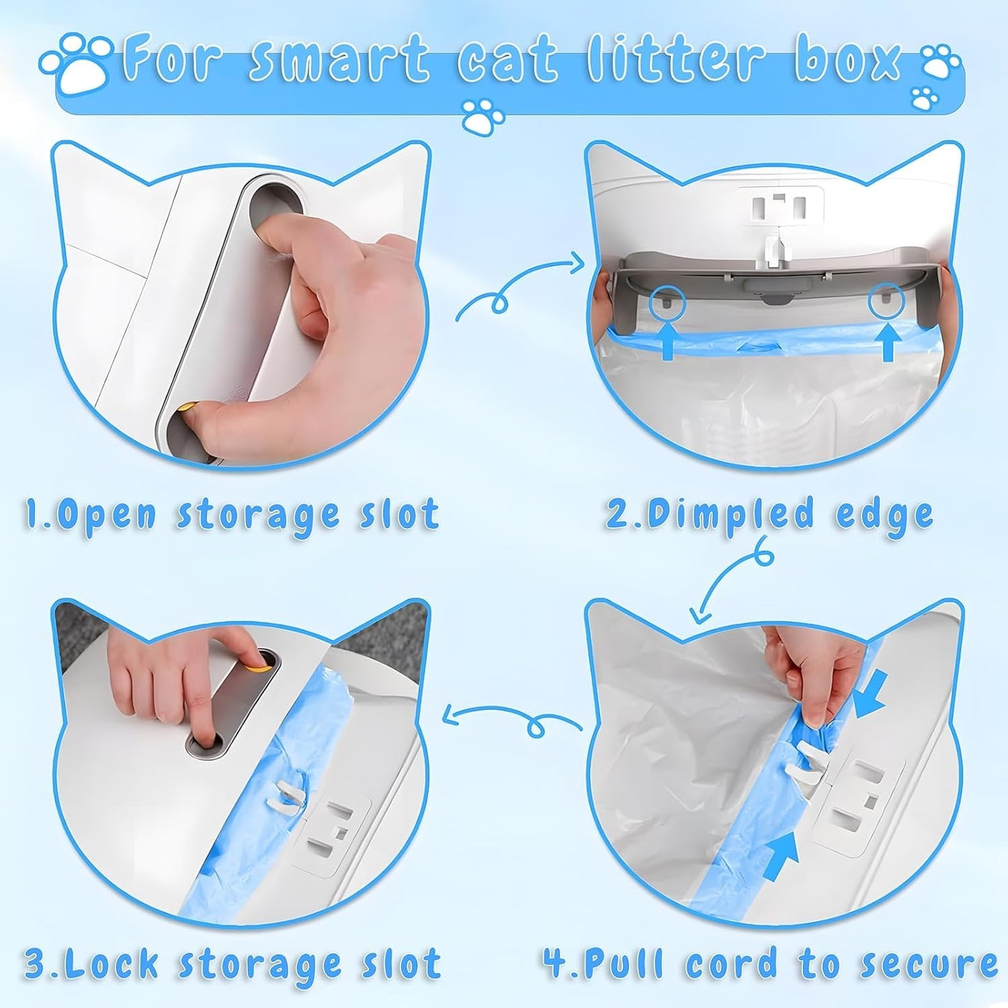 SKY-TOUCH 60 Count Self-cleaning Cat Litter Box Waste Bags, Extra-Thick Cat Waste Bags for Self-Cleaning Cat Litter Box, Drawstring Cat Litter Box Liners, 45x50cm, 4 Rolls