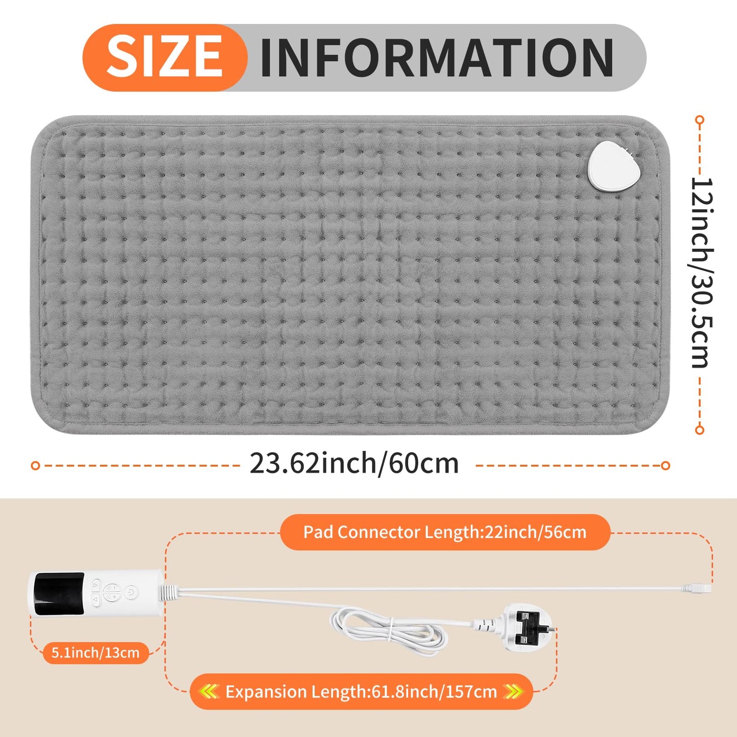 SKY-TOUCH Heating pad, Electric Heat Pad with Automatic Switch-Off and 9 Levels Heating pad - Machine Washable,30 * 60cm,Grey