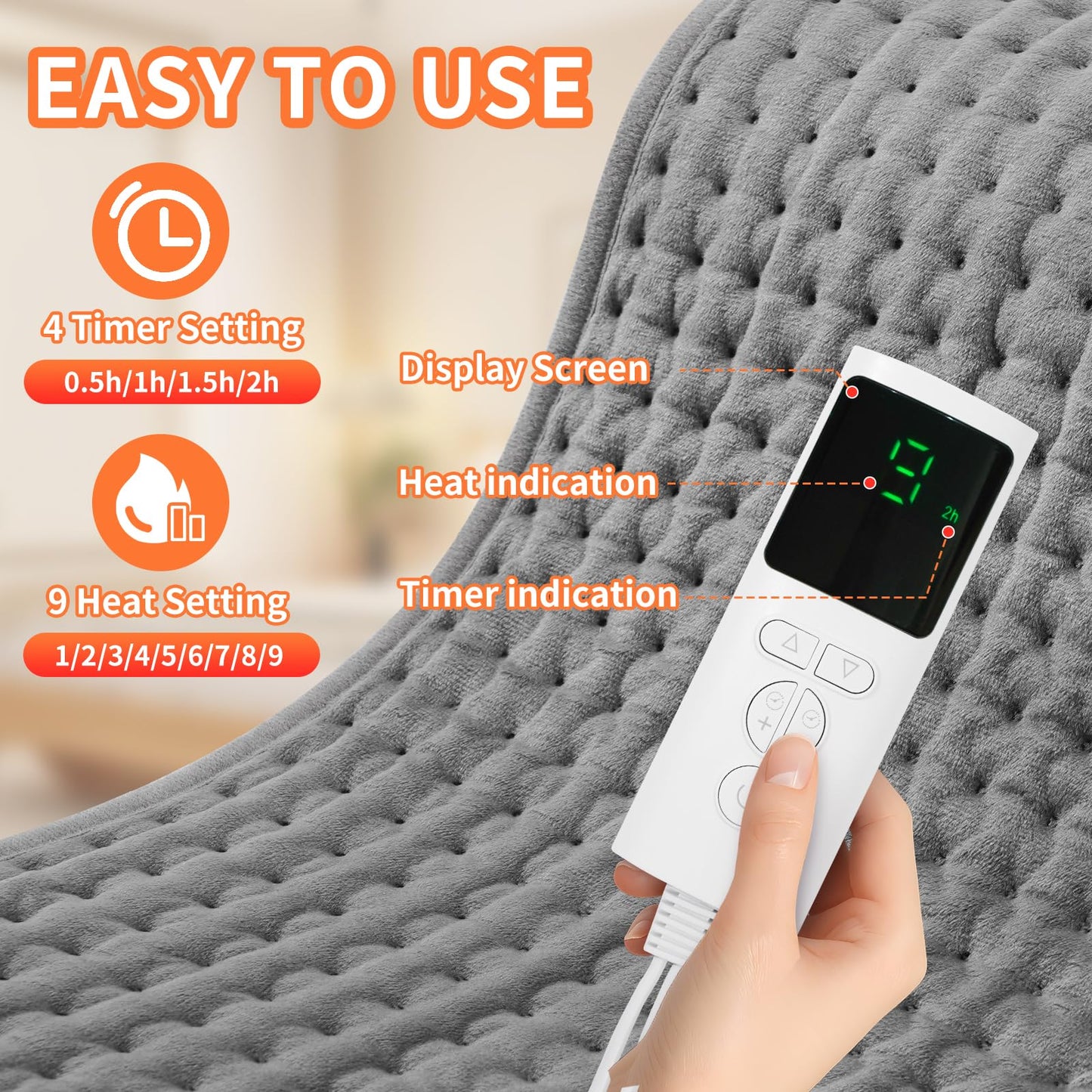 SKY-TOUCH Heating pad, Electric Heat Pad with Automatic Switch-Off and 9 Levels Heating pad - Machine Washable,30 * 60cm,Grey