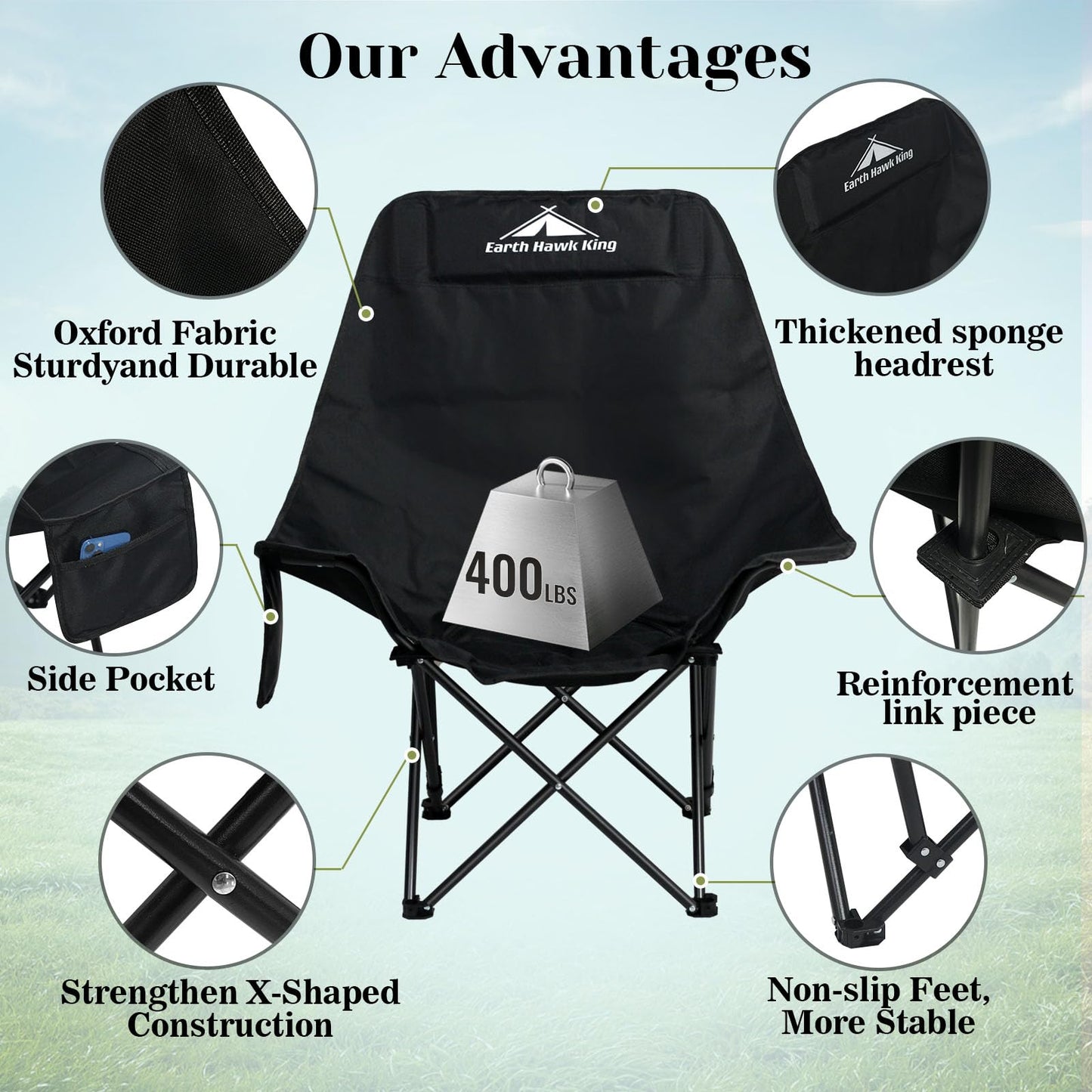 SKY-TOUCH Outdoor Portable Camping Chair, Lightweight Folding Camping Chair,with High Back Padded and Portable Carrying Bag,for Outdoor Fishing, Hiking, Backpacking, Picnic, Beach, Traveling