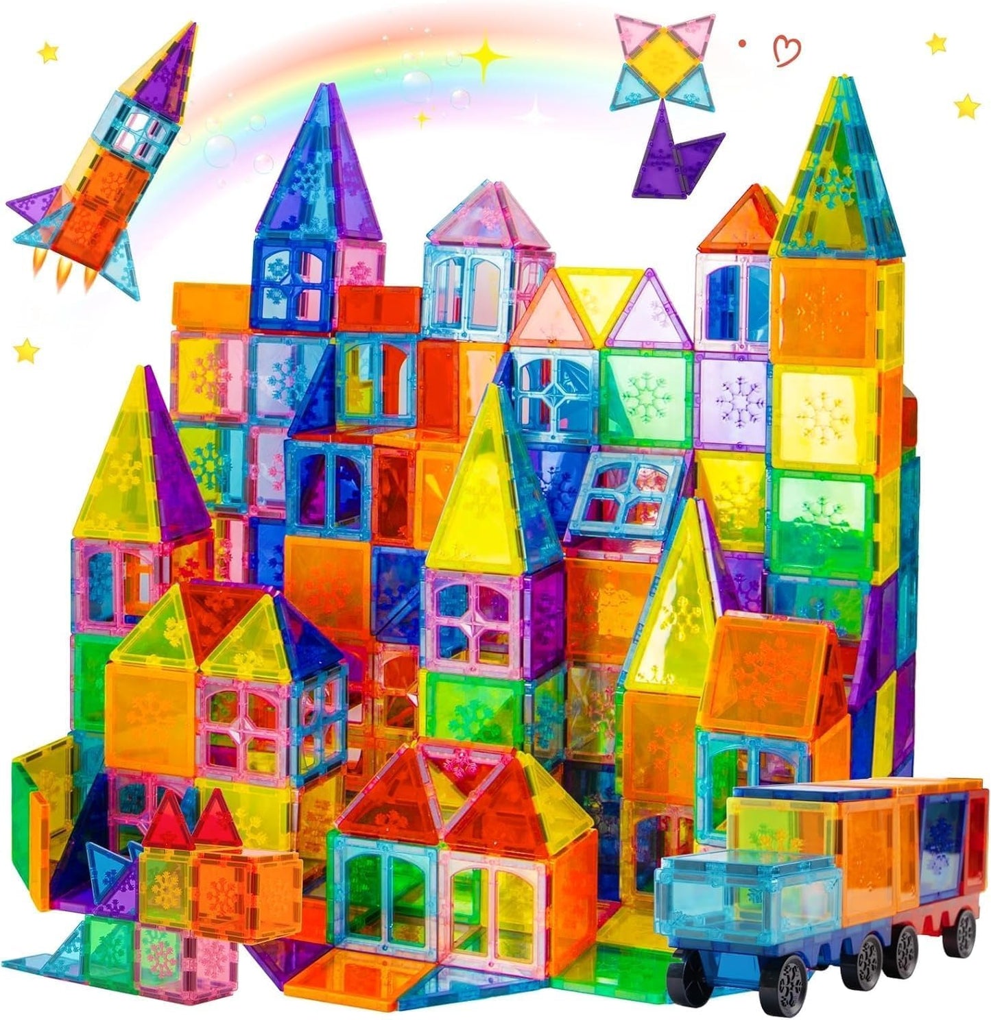 SKY-TOUCH 100PCS Magnetic Tiles, STEM Building Blocks Set, 3D Magnet Puzzles Stacking Blocks with 2 Cars, Sensory Stacking Magnetic Blocks Toys for 3+ Year Old Boys and Girls