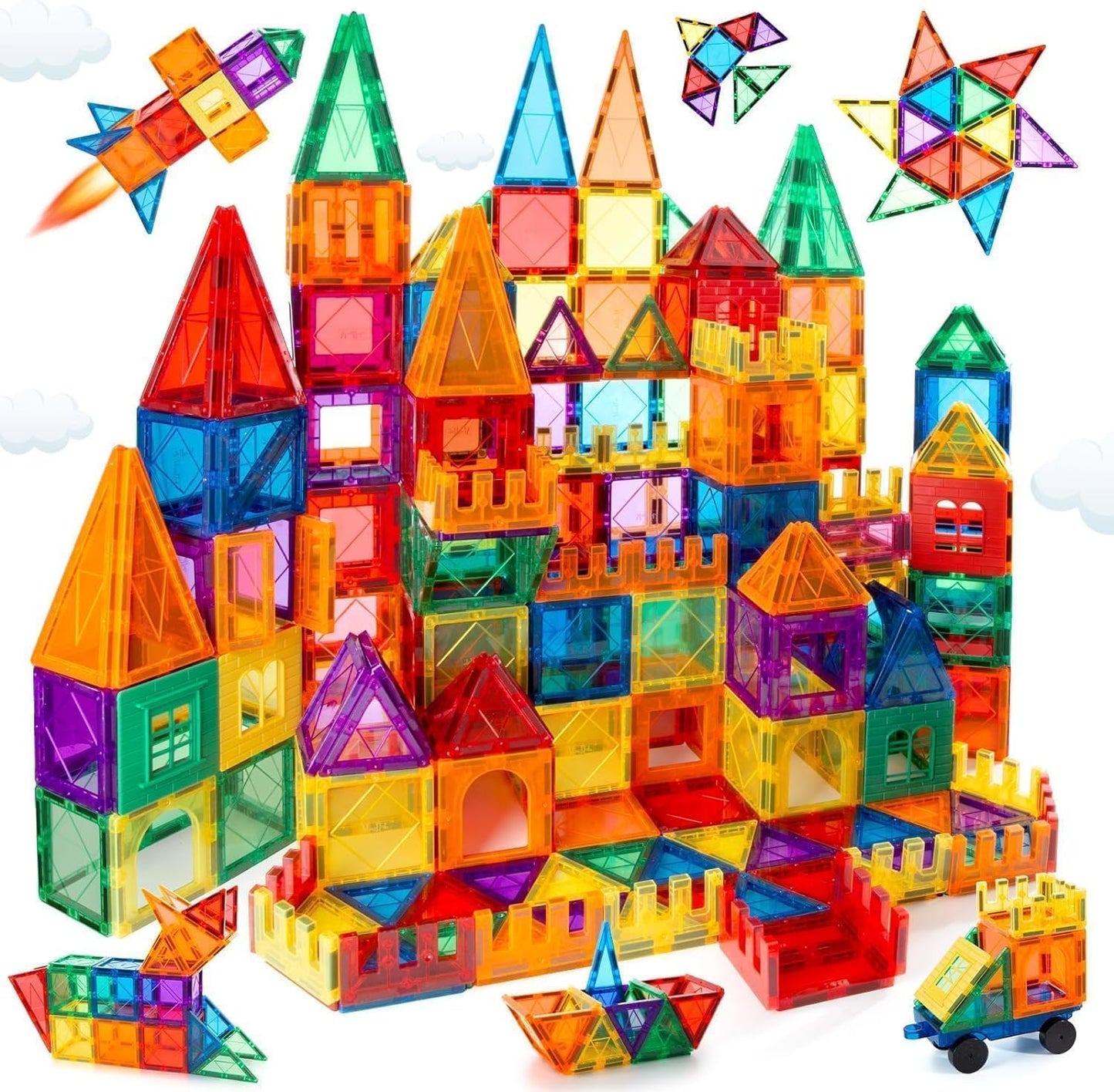 SKY-TOUCH 100PCS Magnetic Tiles, STEM Building Blocks Set, 3D Magnet Puzzles Stacking Blocks with 2 Cars, Sensory Stacking Magnetic Blocks Toys for 3+ Year Old Boys and Girls
