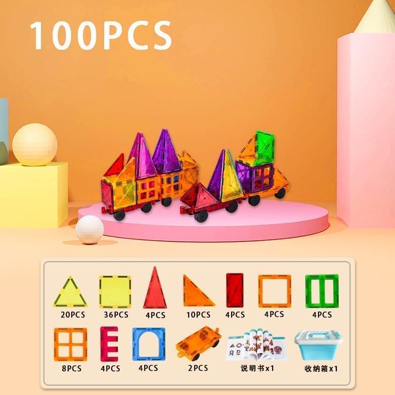 SKY-TOUCH 100PCS Magnetic Tiles, STEM Building Blocks Set, 3D Magnet Puzzles Stacking Blocks with 2 Cars, Sensory Stacking Magnetic Blocks Toys for 3+ Year Old Boys and Girls