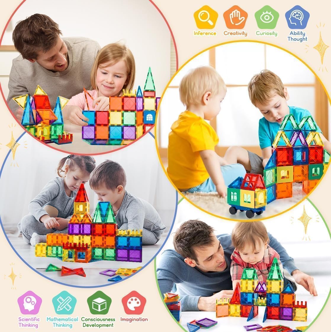 SKY-TOUCH 100PCS Magnetic Tiles, STEM Building Blocks Set, 3D Magnet Puzzles Stacking Blocks with 2 Cars, Sensory Stacking Magnetic Blocks Toys for 3+ Year Old Boys and Girls