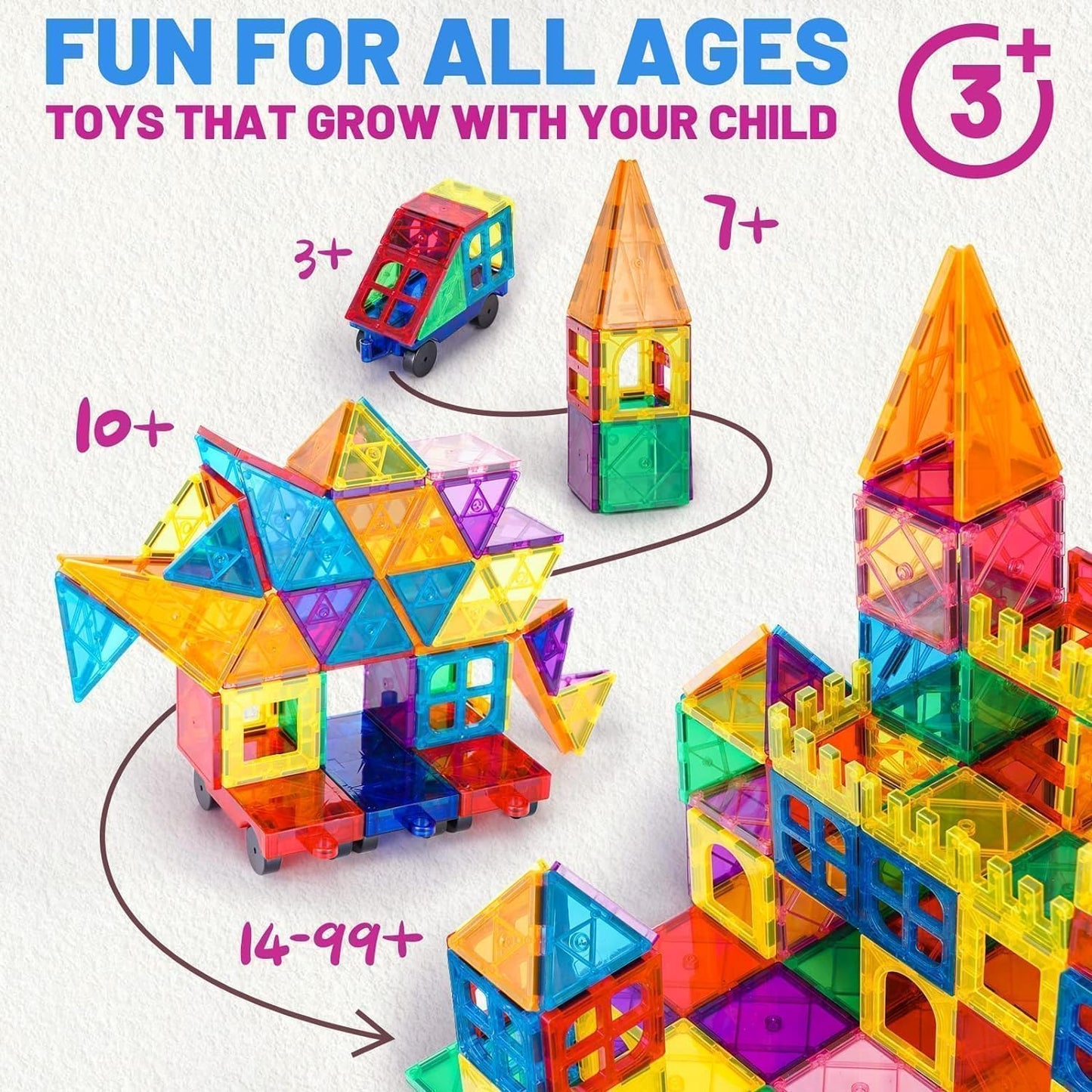 SKY-TOUCH 100PCS Magnetic Tiles, STEM Building Blocks Set, 3D Magnet Puzzles Stacking Blocks with 2 Cars, Sensory Stacking Magnetic Blocks Toys for 3+ Year Old Boys and Girls