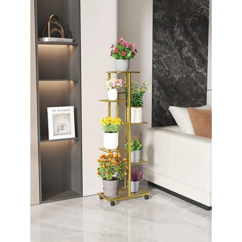 SKY-TOUCH 6-Tier Metal Plant Stand with Movable wheels – Tall 118cm Flower Shelf, Indoor/Outdoor Plant Organizer & Display Rack for Garden, Patio, or Living Room, Golden,47*118cm