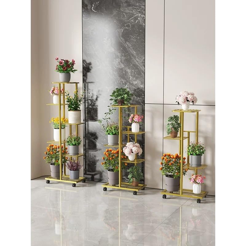 SKY-TOUCH 6-Tier Metal Plant Stand with Movable wheels – Tall 118cm Flower Shelf, Indoor/Outdoor Plant Organizer & Display Rack for Garden, Patio, or Living Room, Golden,47*118cm