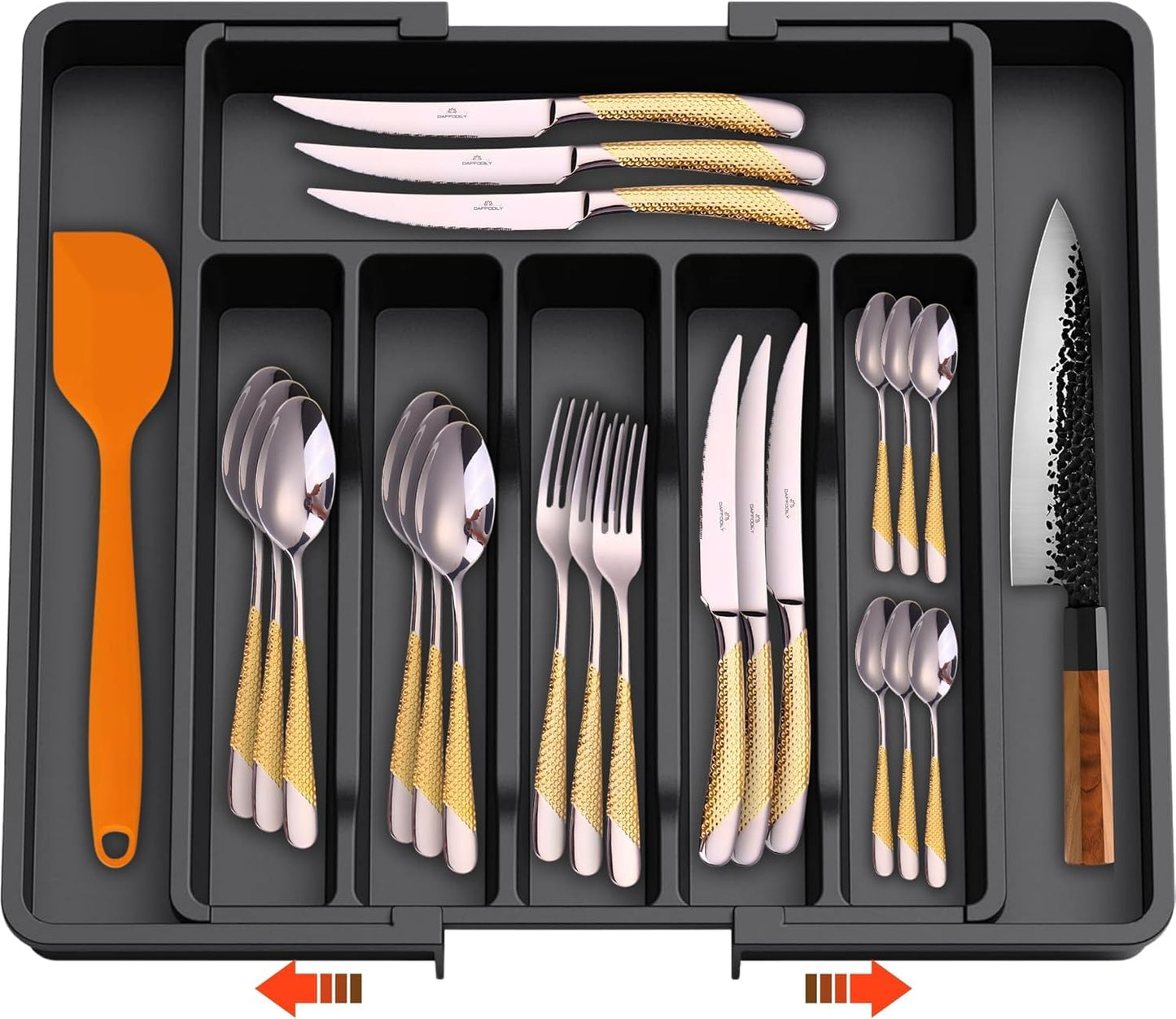 SKY-TOUCH Expandable Cutlery Drawer Organizer – Adjustable Utensil Tray for Kitchen Drawers, Fits Up to 57cm, Compact Silverware & Flatware Storage for Spoons, Forks, Knives – Black,38 * 34 * 5cm