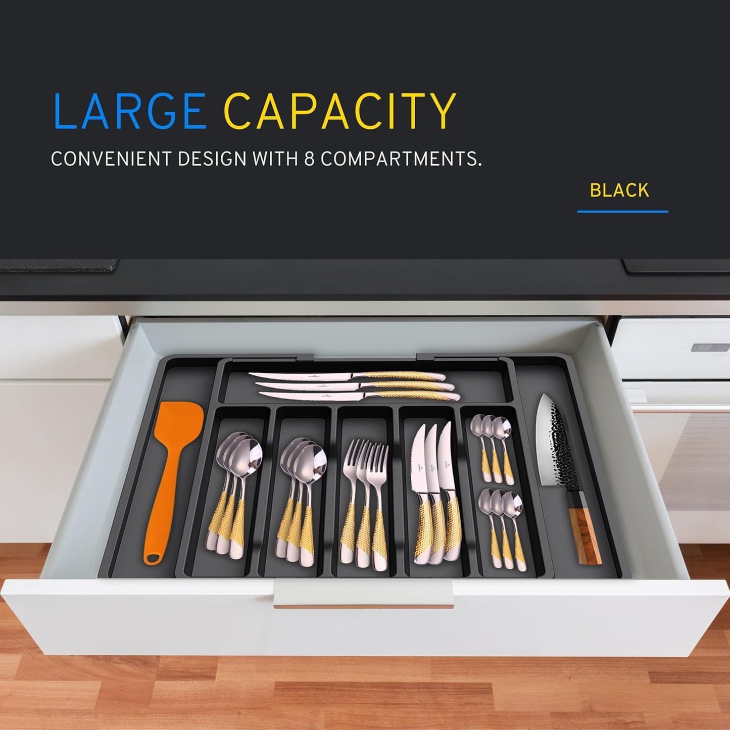 SKY-TOUCH Expandable Cutlery Drawer Organizer – Adjustable Utensil Tray for Kitchen Drawers, Fits Up to 57cm, Compact Silverware & Flatware Storage for Spoons, Forks, Knives – Black,38 * 34 * 5cm