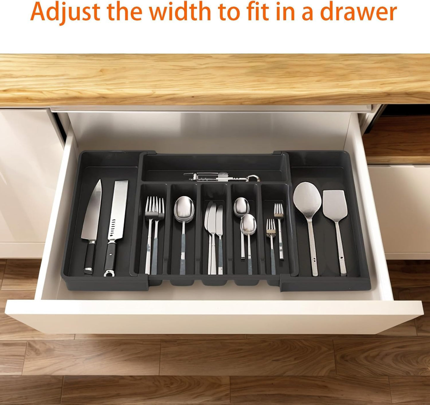 SKY-TOUCH Expandable Cutlery Drawer Organizer – Adjustable Utensil Tray for Kitchen Drawers, Fits Up to 57cm, Compact Silverware & Flatware Storage for Spoons, Forks, Knives – Black,38 * 34 * 5cm