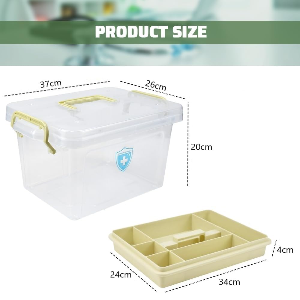 SKY-TOUCH Family Medicine Storage Box : Clear Plastic Storage Box with Tray Tool Organizer with Handle Multipurpose Storage Box for Medicine Toys Tools Office Supplies (37 * 26 * 20cm Beige)
