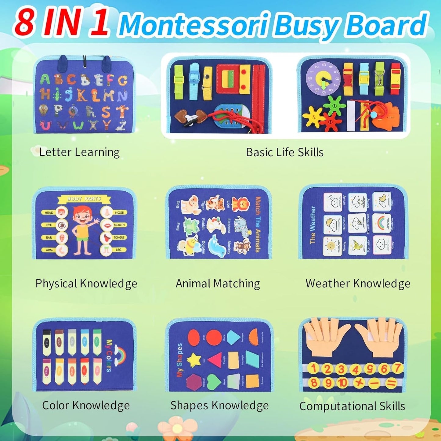 SKY-TOUCH Toddlers Busy Board Montessori Toys, Sensory Board for 3+ Year Olds, Fine Motor Skill Learning Activities, Birthday Gifts for Boys & Girls (Blue)