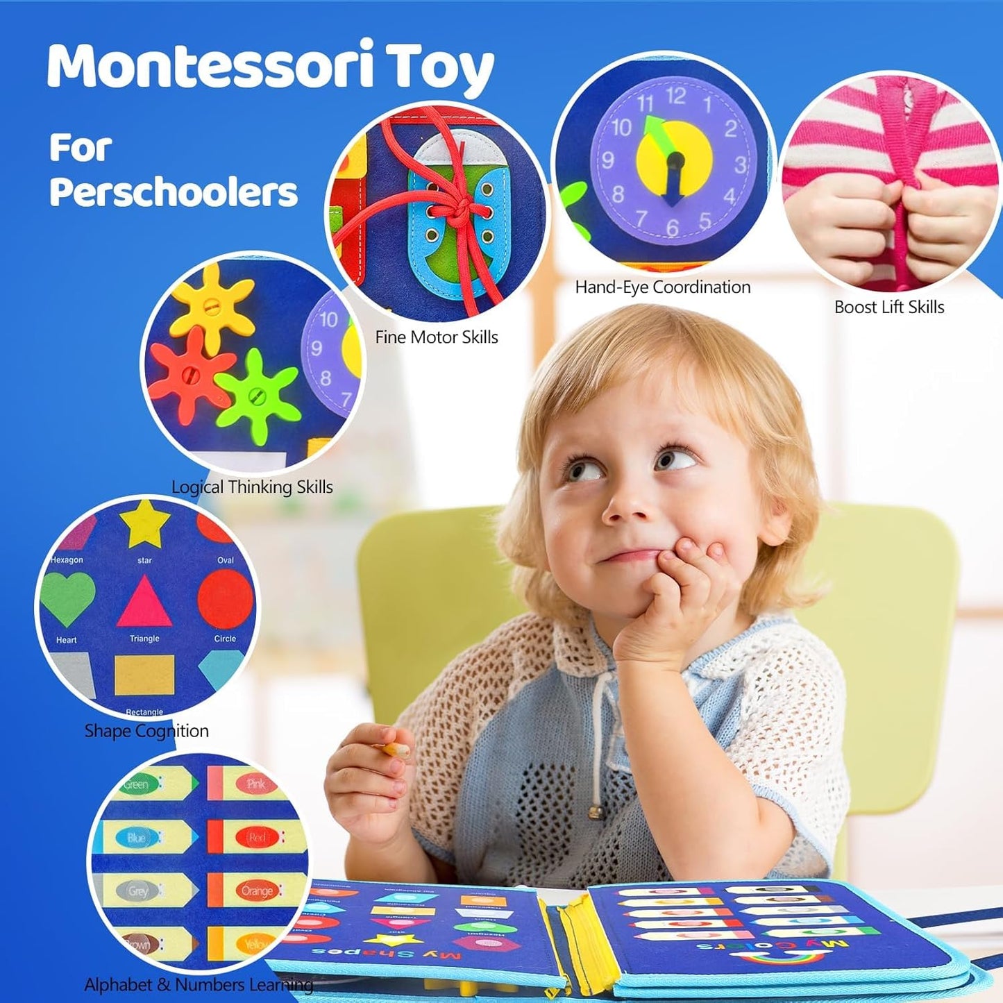 SKY-TOUCH Toddlers Busy Board Montessori Toys, Sensory Board for 3+ Year Olds, Fine Motor Skill Learning Activities, Birthday Gifts for Boys & Girls (Blue)
