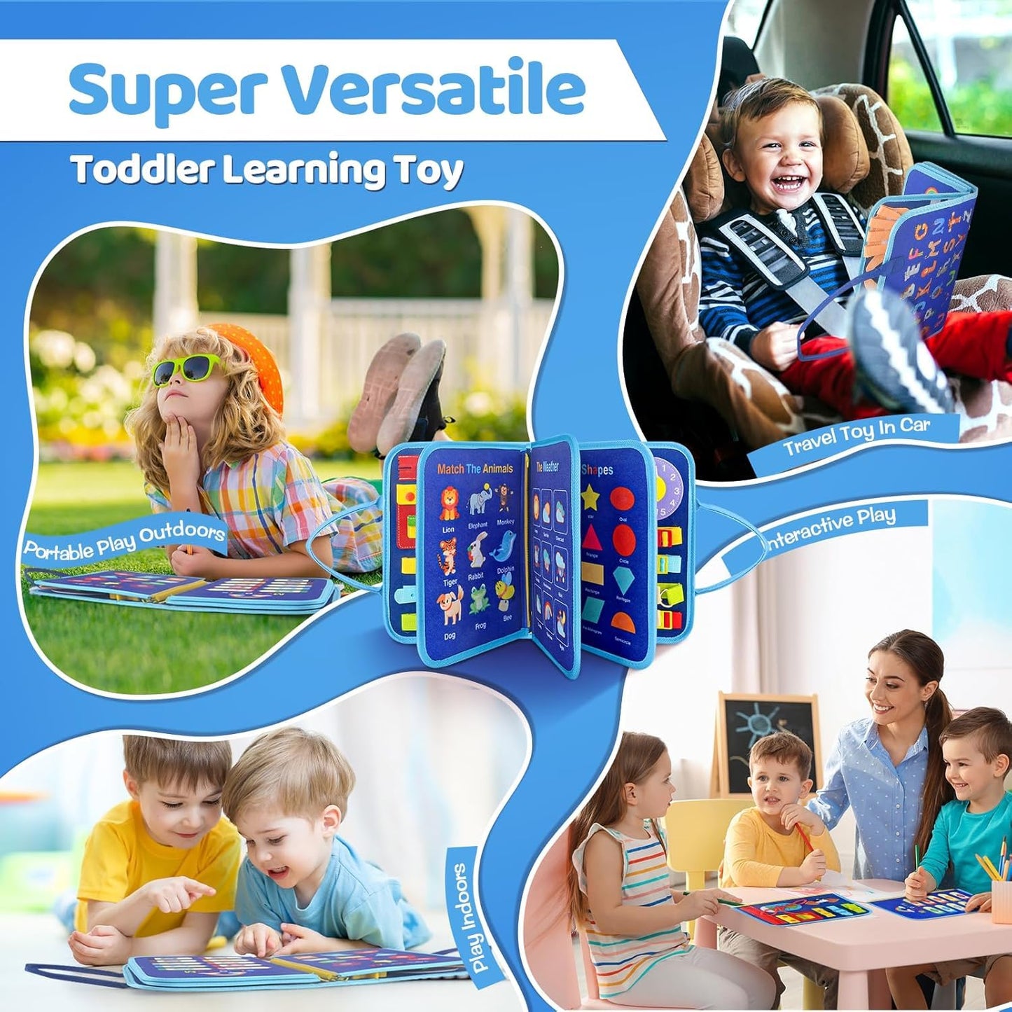 SKY-TOUCH Toddlers Busy Board Montessori Toys, Sensory Board for 3+ Year Olds, Fine Motor Skill Learning Activities, Birthday Gifts for Boys & Girls (Blue)
