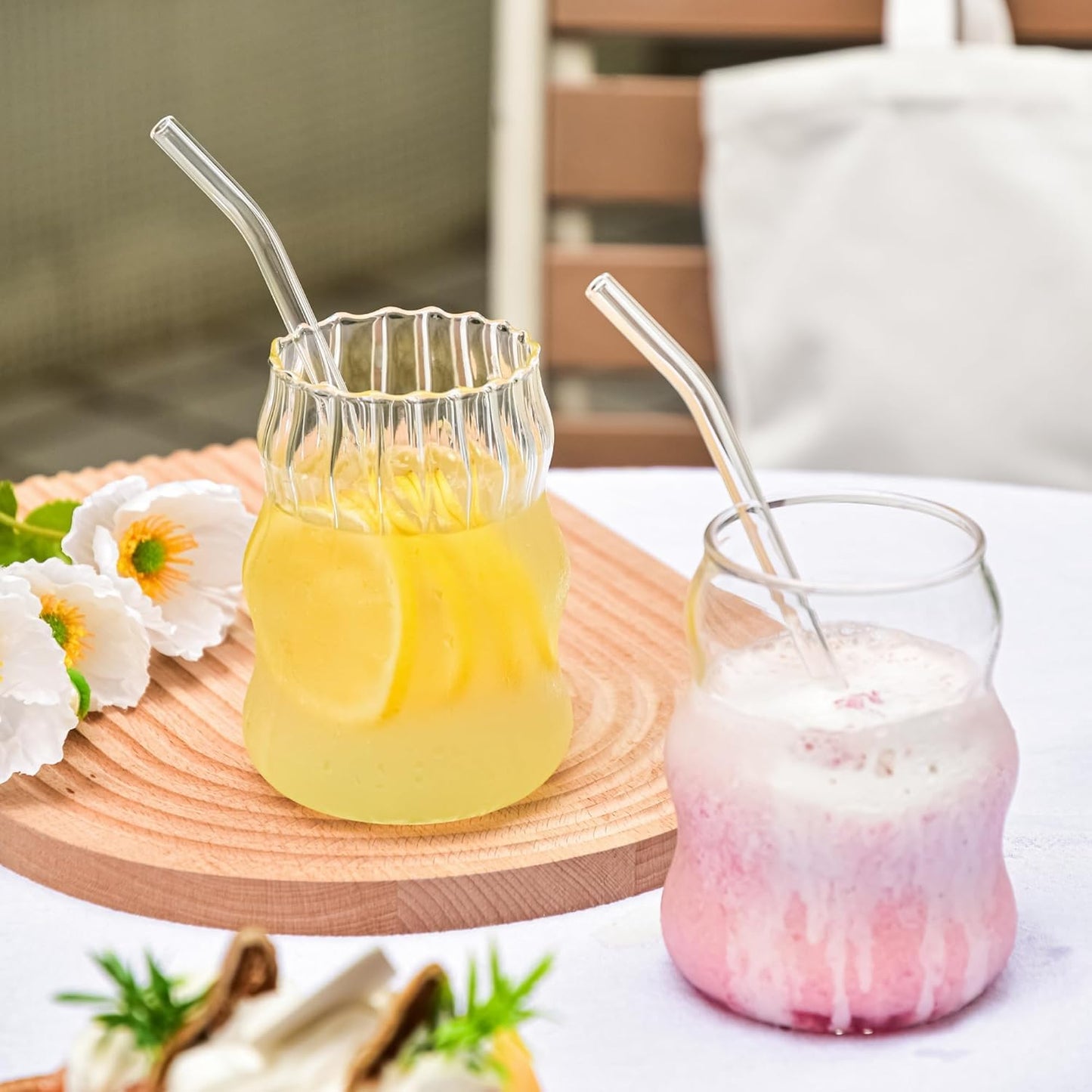 SKY-TOUCH 2 Pcs Ribbed Glass Cups 530ml, Aesthetic Ripple Drinking Glassware for Iced Coffee, Juice, Milk, Tea, Smoothies, Cold Beverages, Vintage Bubble Tumbler Set