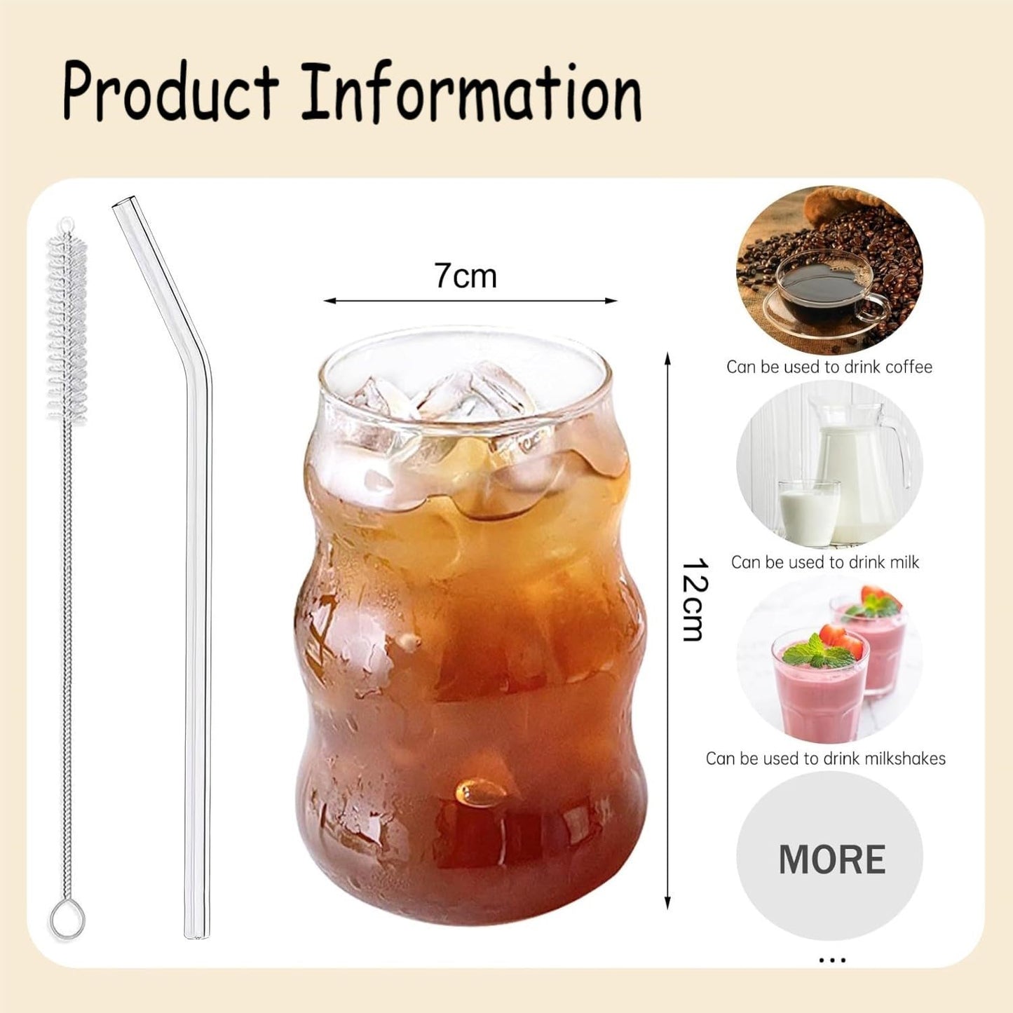 SKY-TOUCH 2 Pcs Ribbed Glass Cups 530ml, Aesthetic Ripple Drinking Glassware for Iced Coffee, Juice, Milk, Tea, Smoothies, Cold Beverages, Vintage Bubble Tumbler Set