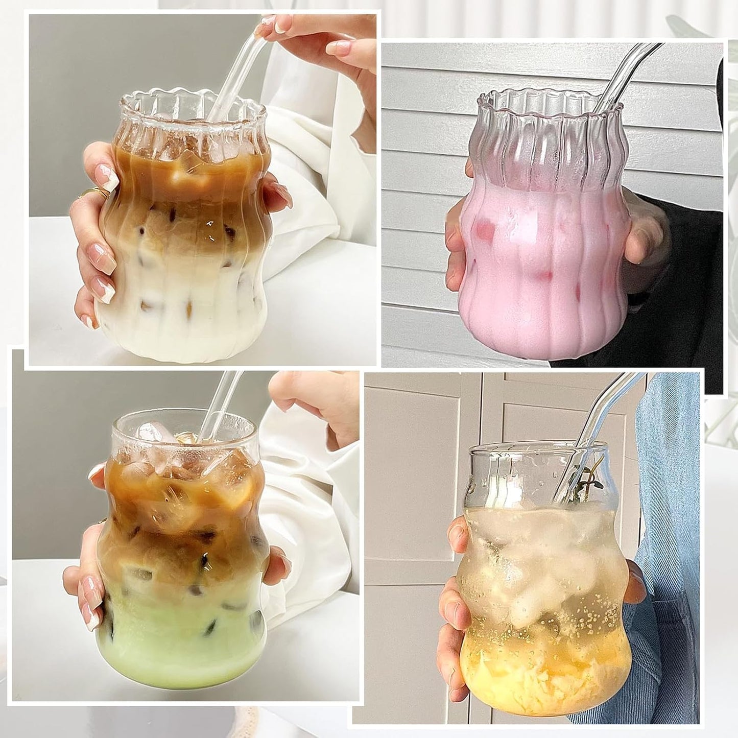SKY-TOUCH 2 Pcs Ribbed Glass Cups 530ml, Aesthetic Ripple Drinking Glassware for Iced Coffee, Juice, Milk, Tea, Smoothies, Cold Beverages, Vintage Bubble Tumbler Set