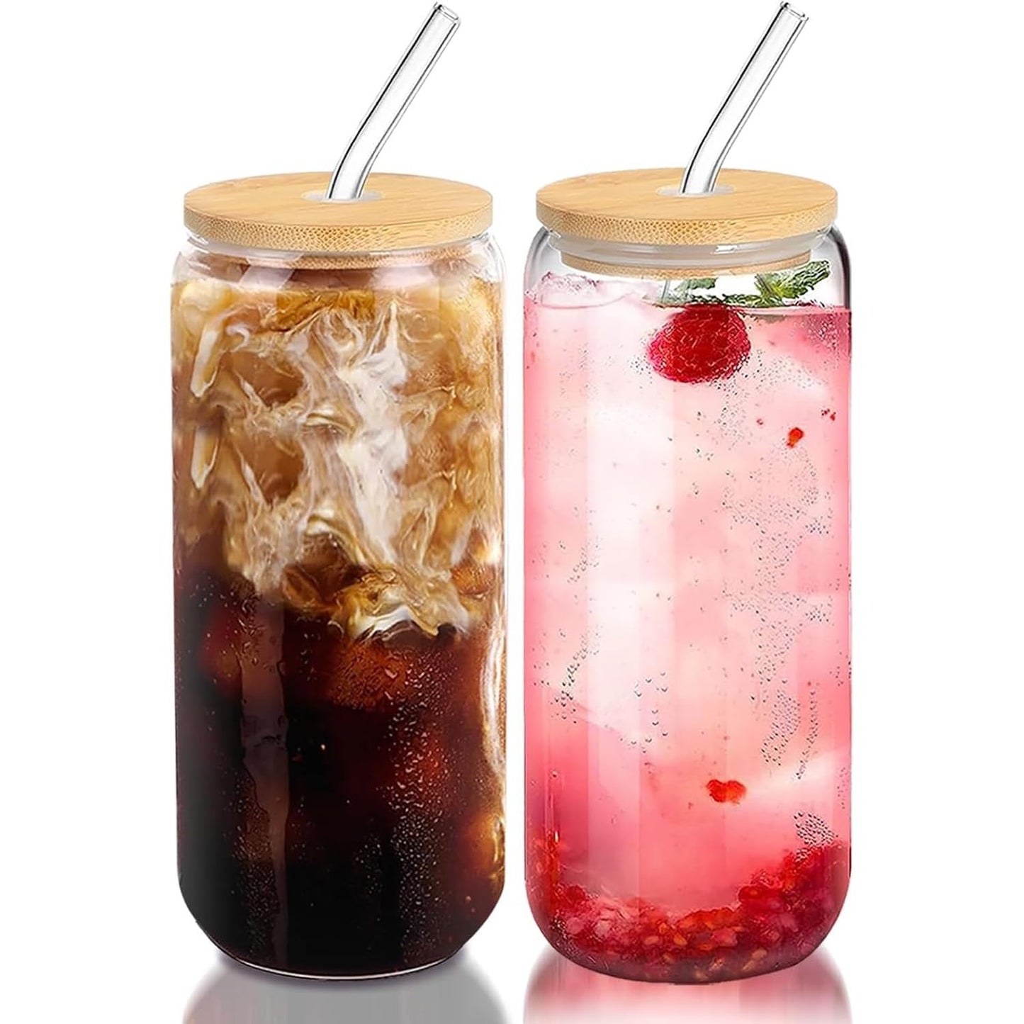 SKY-TOUCH 2 Pcs 550ml Glass Cups with Bamboo Lids and Straws, Clear Iced Coffee Glasses Set, Cute Aesthetic Reusable Drinking Tumblers for Tea, Coffee, Smoothie, Soda