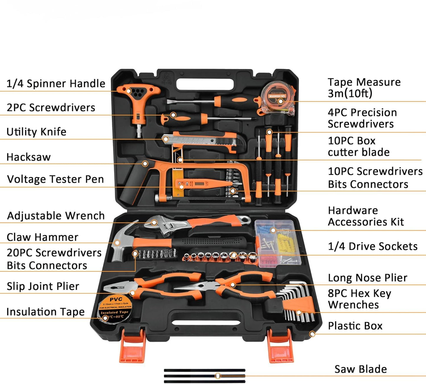 SKY-TOUCH 82 Pieces Hand Tool Kit, Home Repair Tools Case, General Household Tool Kit with Solid Carrying Box Carbon Steel Hardware for Daily Home Repair, Ideal for Home or Work Use