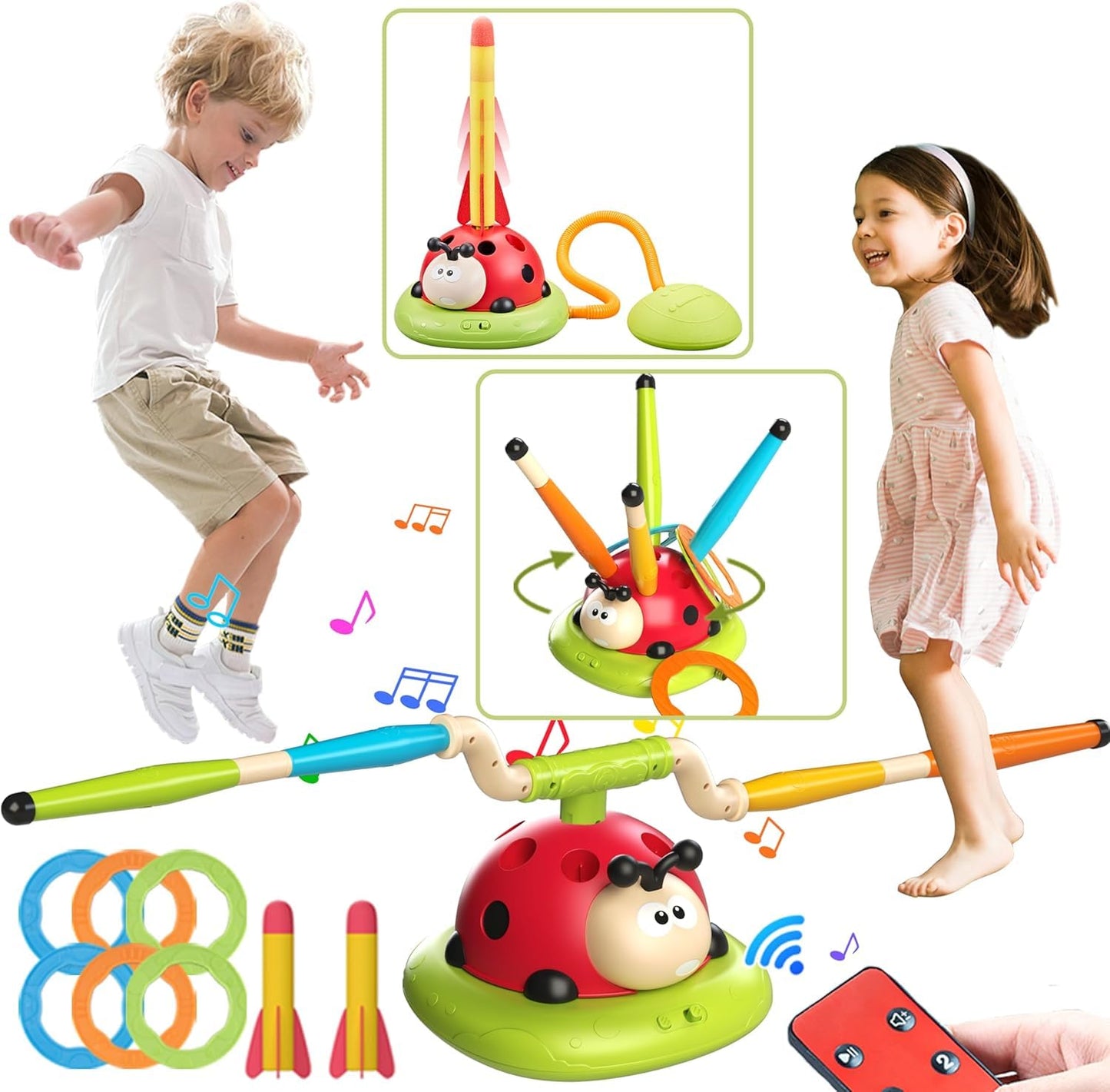 SKY-TOUCH 3-in-1 Ladybug Stomp Rocket Launcher Toy with Music, Ring Toss & Jump Game, Remote Control Indoor Outdoor Active Play Educational Toys for Kids Ages 3-8, Birthday Gift for Boys and Girls
