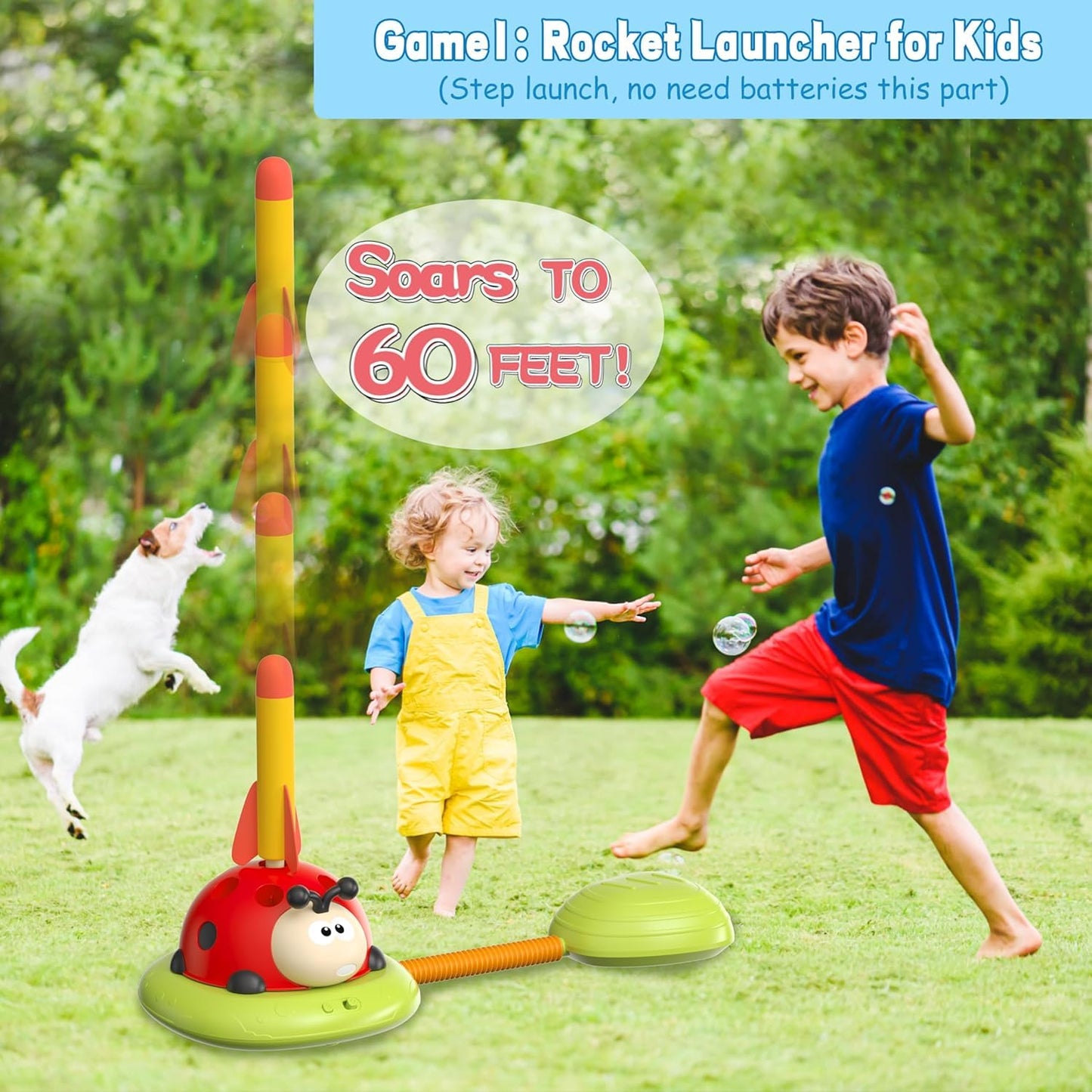 SKY-TOUCH 3-in-1 Ladybug Stomp Rocket Launcher Toy with Music, Ring Toss & Jump Game, Remote Control Indoor Outdoor Active Play Educational Toys for Kids Ages 3-8, Birthday Gift for Boys and Girls