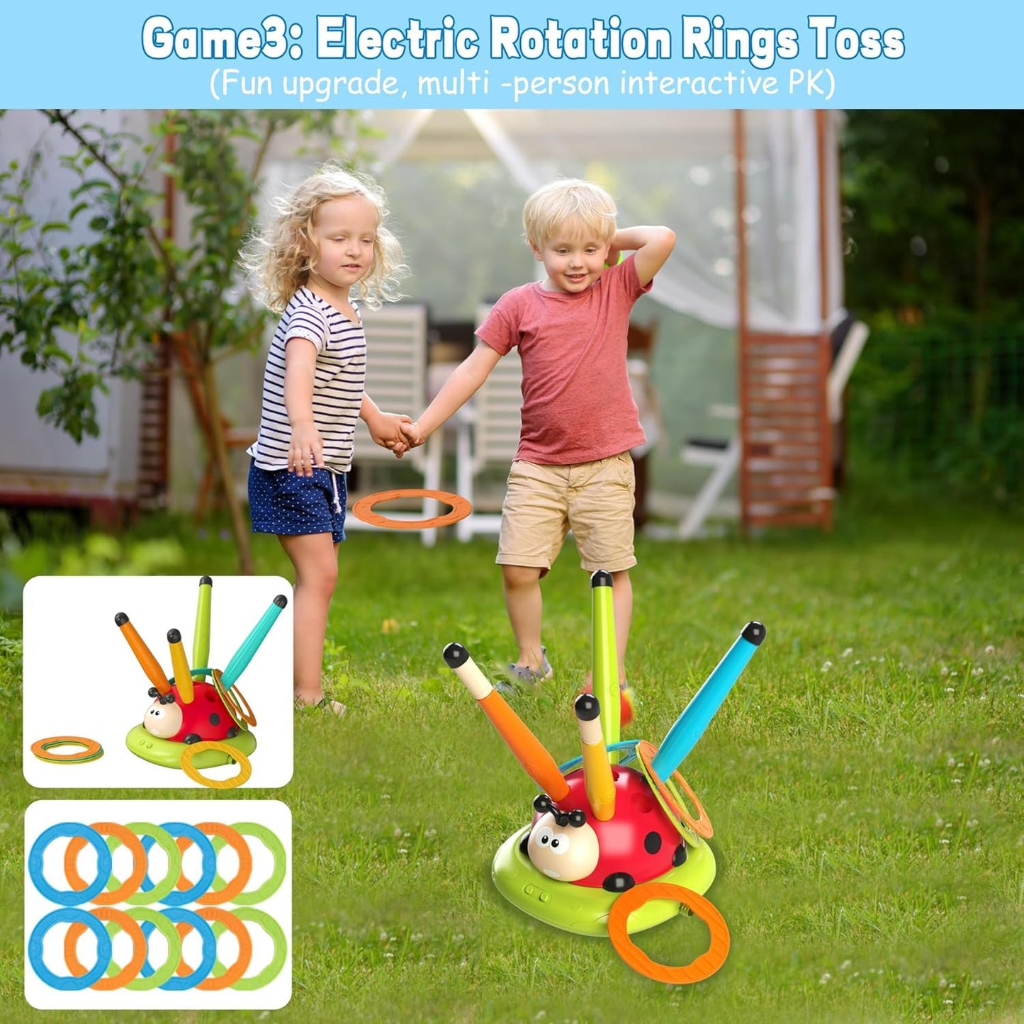 SKY-TOUCH 3-in-1 Ladybug Stomp Rocket Launcher Toy with Music, Ring Toss & Jump Game, Remote Control Indoor Outdoor Active Play Educational Toys for Kids Ages 3-8, Birthday Gift for Boys and Girls