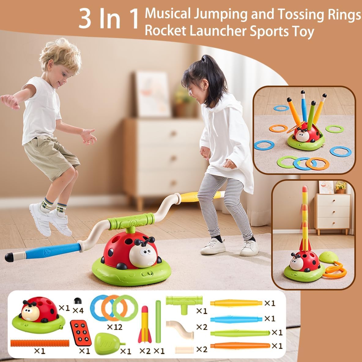 SKY-TOUCH 3-in-1 Ladybug Stomp Rocket Launcher Toy with Music, Ring Toss & Jump Game, Remote Control Indoor Outdoor Active Play Educational Toys for Kids Ages 3-8, Birthday Gift for Boys and Girls