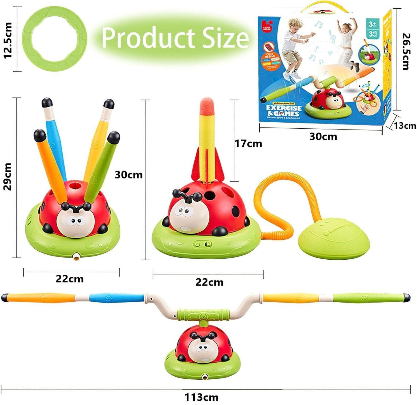 SKY-TOUCH 3-in-1 Ladybug Stomp Rocket Launcher Toy with Music, Ring Toss & Jump Game, Remote Control Indoor Outdoor Active Play Educational Toys for Kids Ages 3-8, Birthday Gift for Boys and Girls