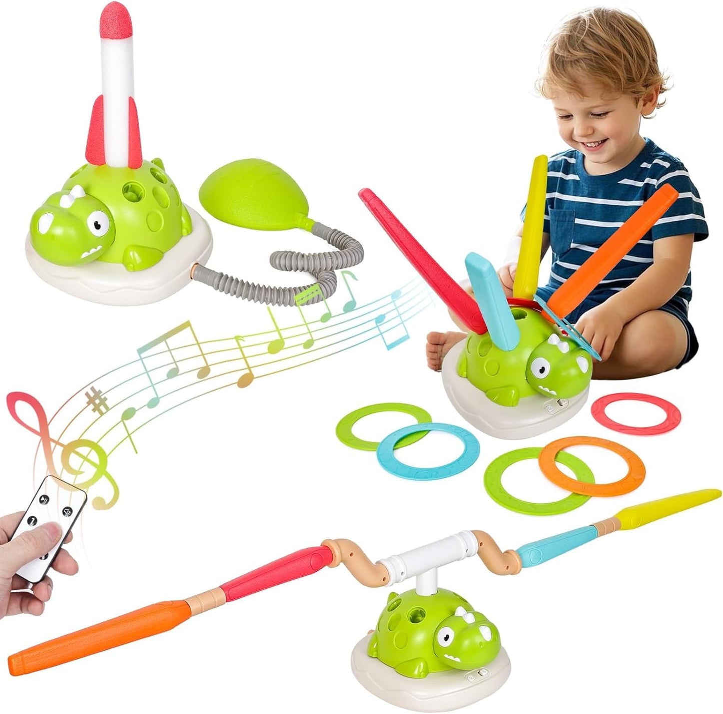 SKY-TOUCH 3-in-1 Dinosaur Stomp Rocket Launcher Toy with Music, Ring Toss & Jump Game, Remote Control Indoor Outdoor Active Play Educational Toys for Kids Ages 3-8, Birthday Gift for Boys and Girls