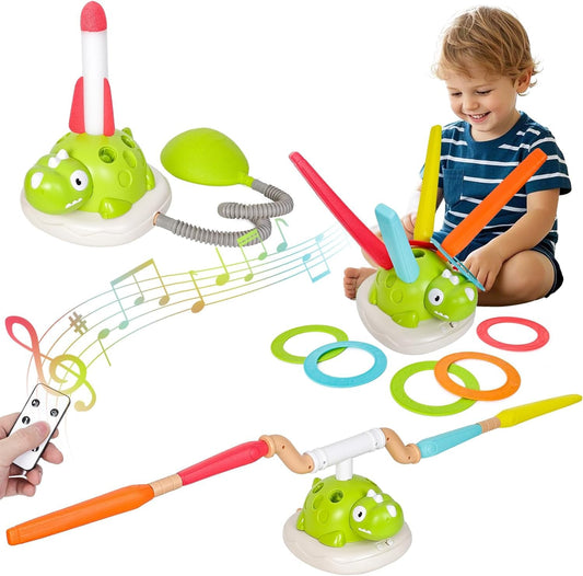 SKY-TOUCH 3-in-1 Dinosaur Stomp Rocket Launcher Toy with Music, Ring Toss & Jump Game, Remote Control Indoor Outdoor Active Play Educational Toys for Kids Ages 3-8, Birthday Gift for Boys and Girls