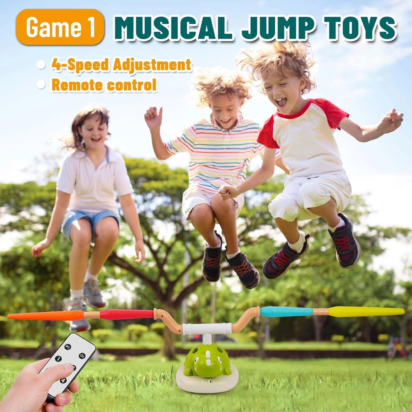 SKY-TOUCH 3-in-1 Dinosaur Stomp Rocket Launcher Toy with Music, Ring Toss & Jump Game, Remote Control Indoor Outdoor Active Play Educational Toys for Kids Ages 3-8, Birthday Gift for Boys and Girls